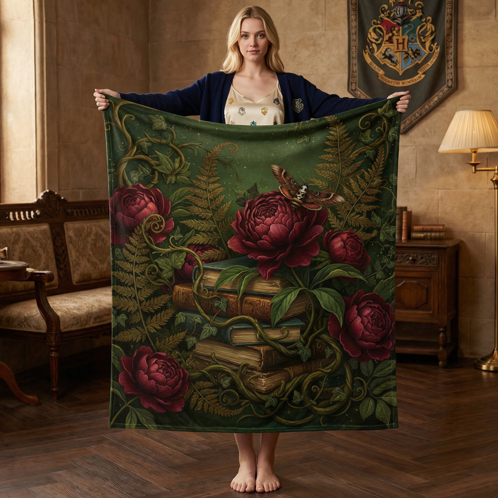 Dark Academia Emerald Green Throw - Vintage Books, Peonies & Moth Velveteen Blanket
