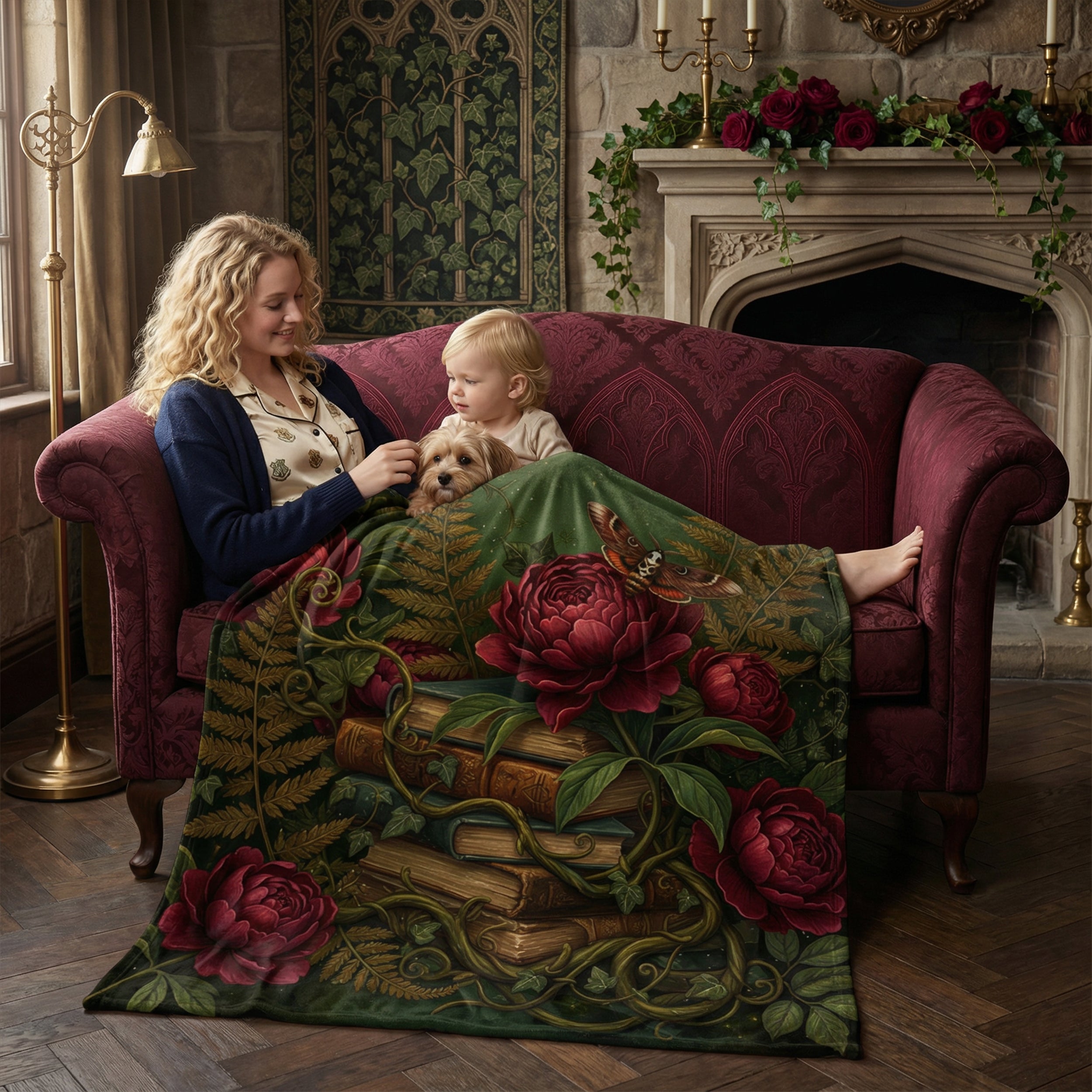 Dark Academia Emerald Green Throw - Vintage Books, Peonies & Moth Velveteen Blanket