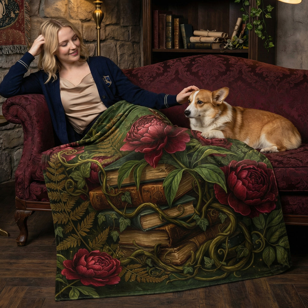 Dark Academia Emerald Green Throw - Vintage Books, Peonies & Moth Velveteen Blanket