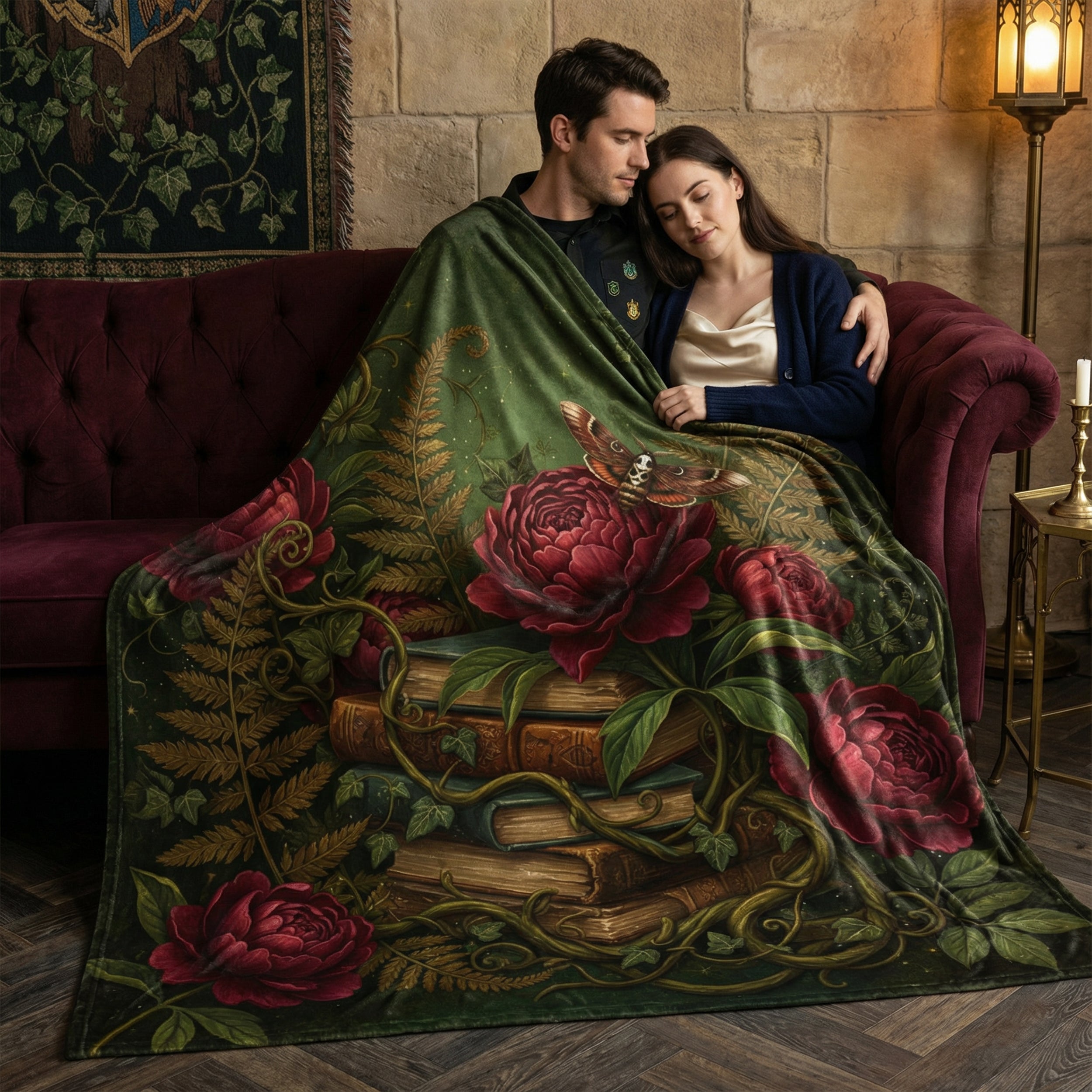 Dark Academia Emerald Green Throw - Vintage Books, Peonies & Moth Velveteen Blanket