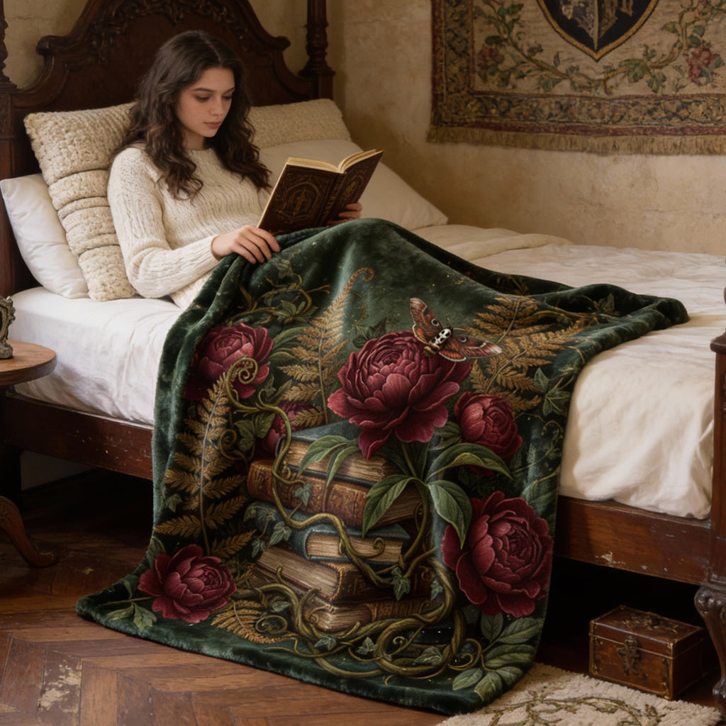 Dark Academia Emerald Green Throw - Vintage Books, Peonies & Moth Velveteen Blanket