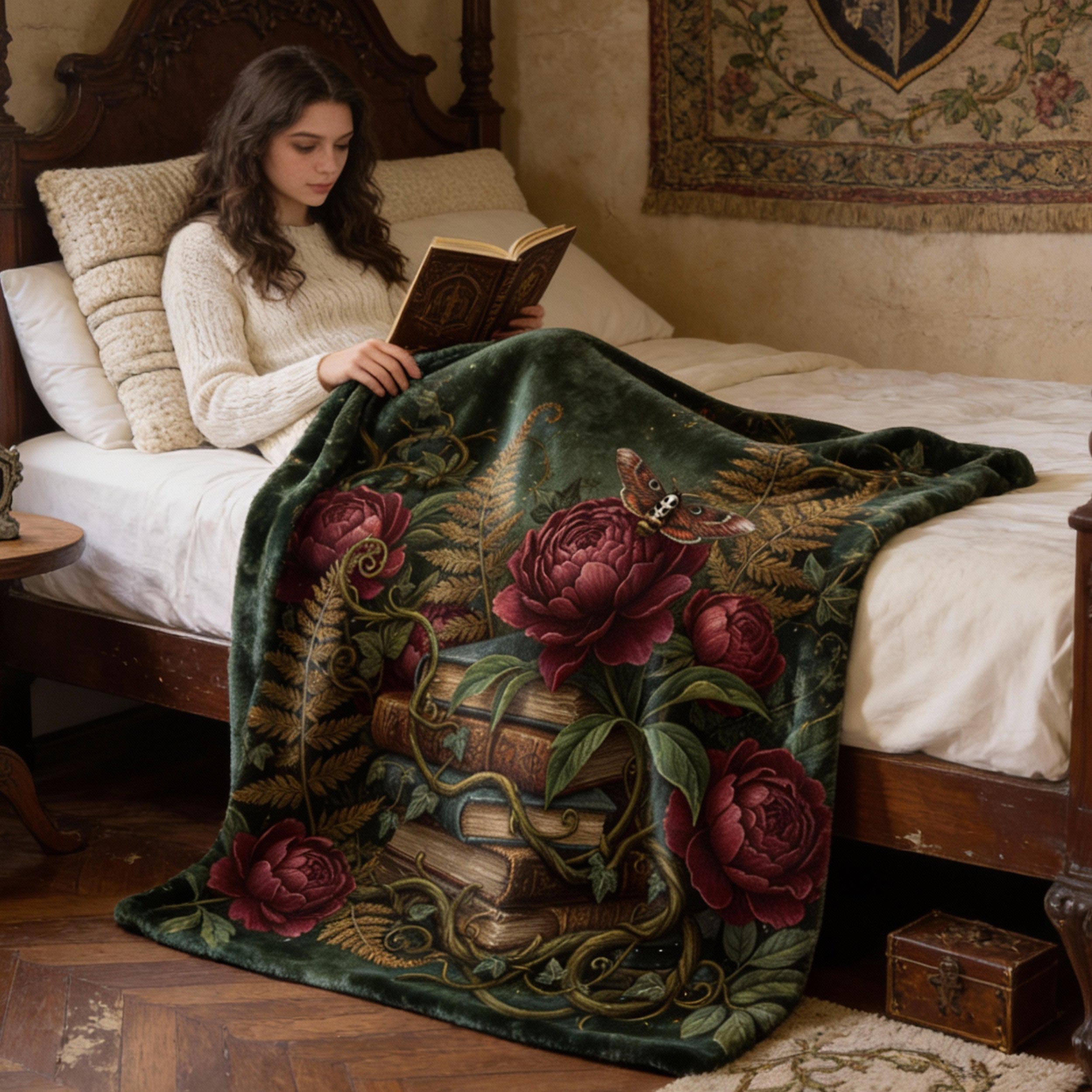 Dark Academia Emerald Green Throw - Vintage Books, Peonies & Moth Velveteen Blanket