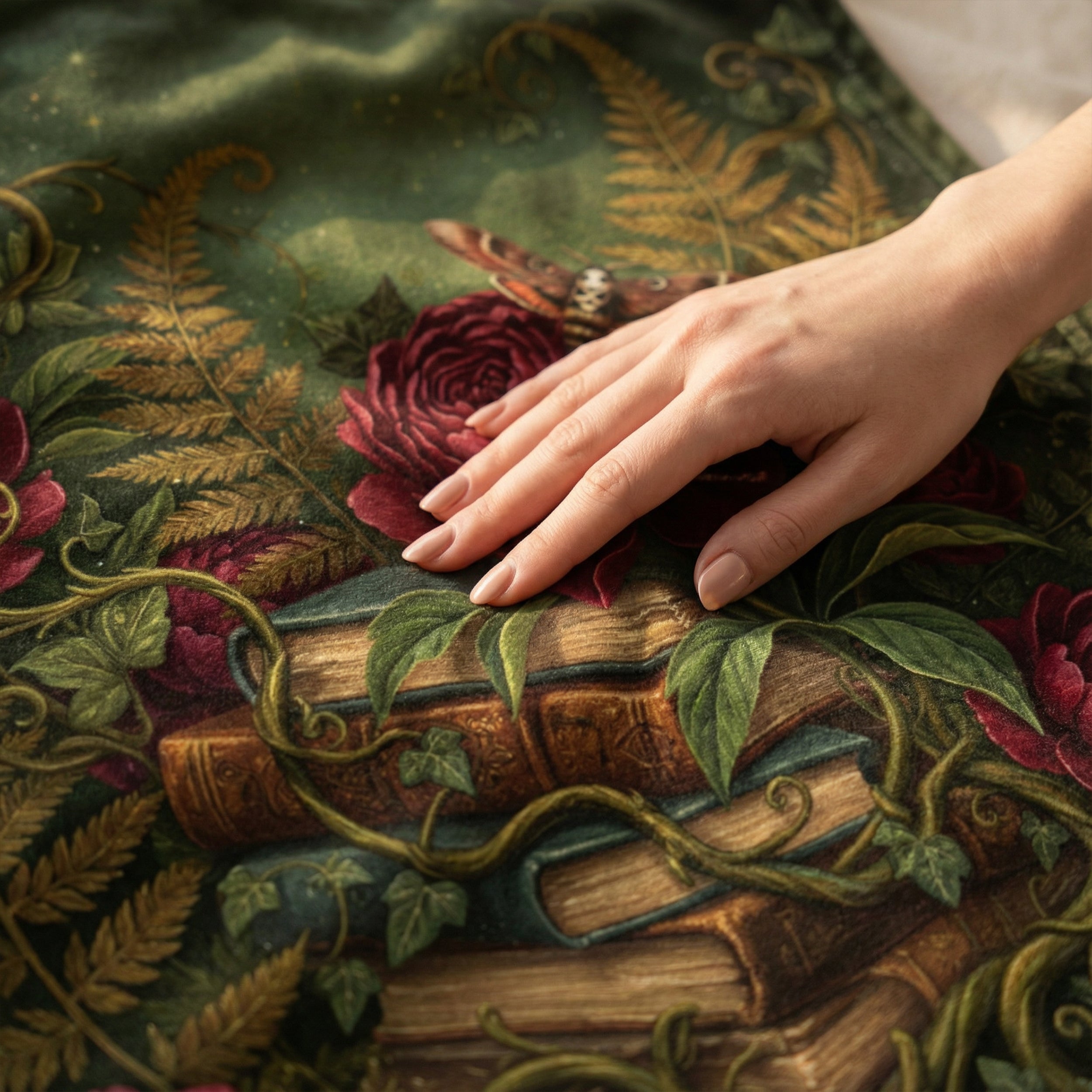 Dark Academia Emerald Green Throw - Vintage Books, Peonies & Moth Velveteen Blanket