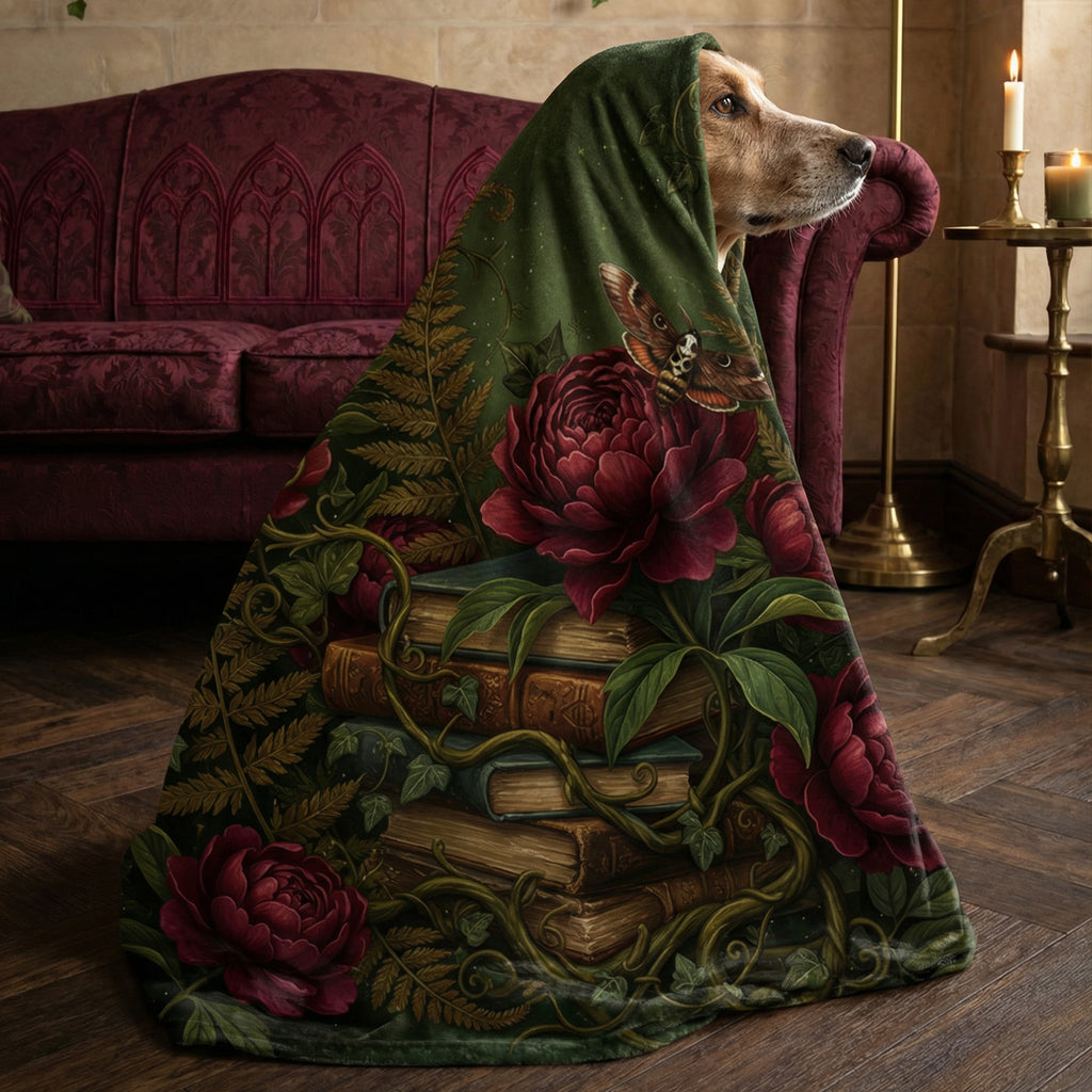 Dark Academia Emerald Green Throw - Vintage Books, Peonies & Moth Velveteen Blanket