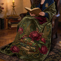 Dark Academia Emerald Green Throw - Vintage Books, Peonies & Moth Velveteen Blanket