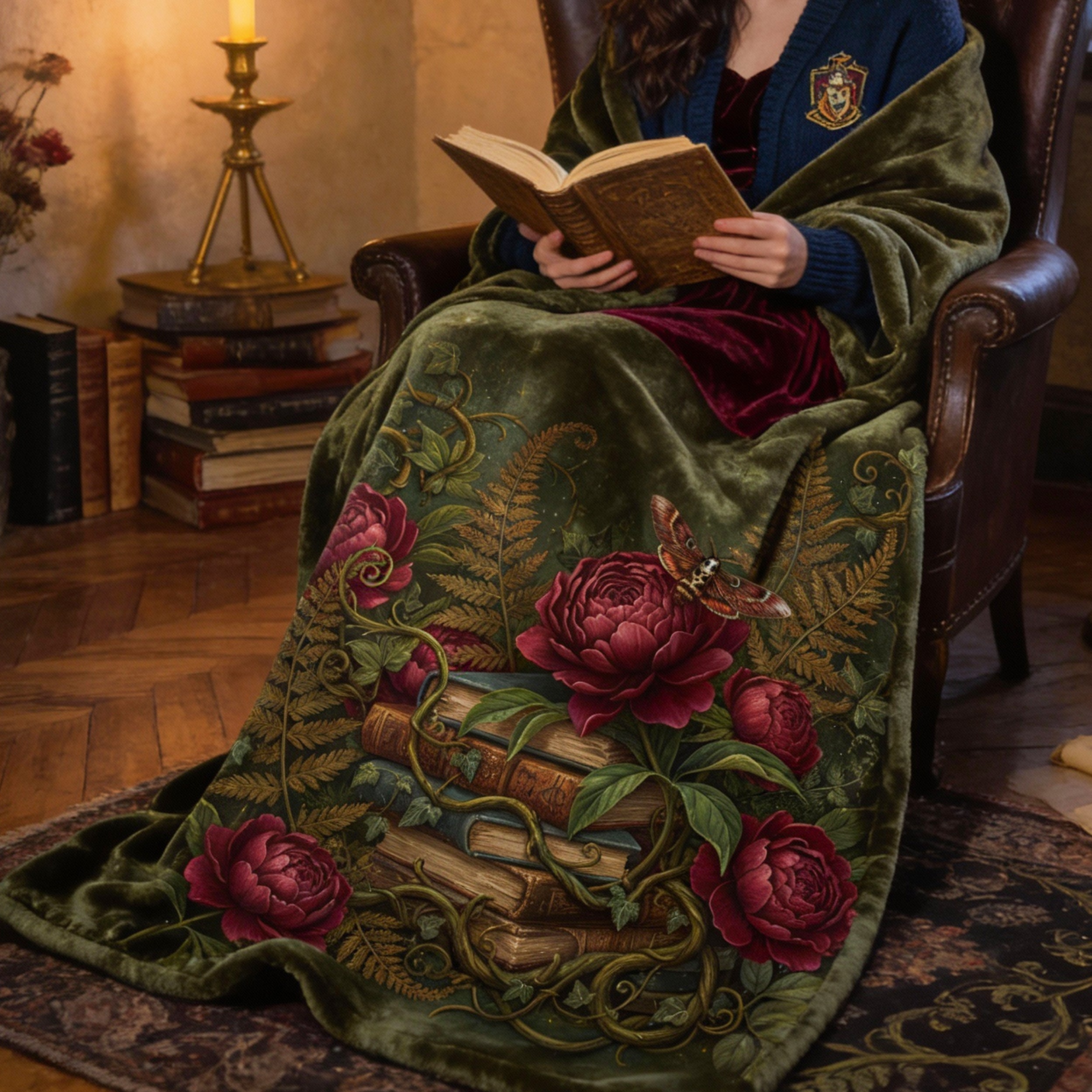 Dark Academia Emerald Green Throw - Vintage Books, Peonies & Moth Velveteen Blanket