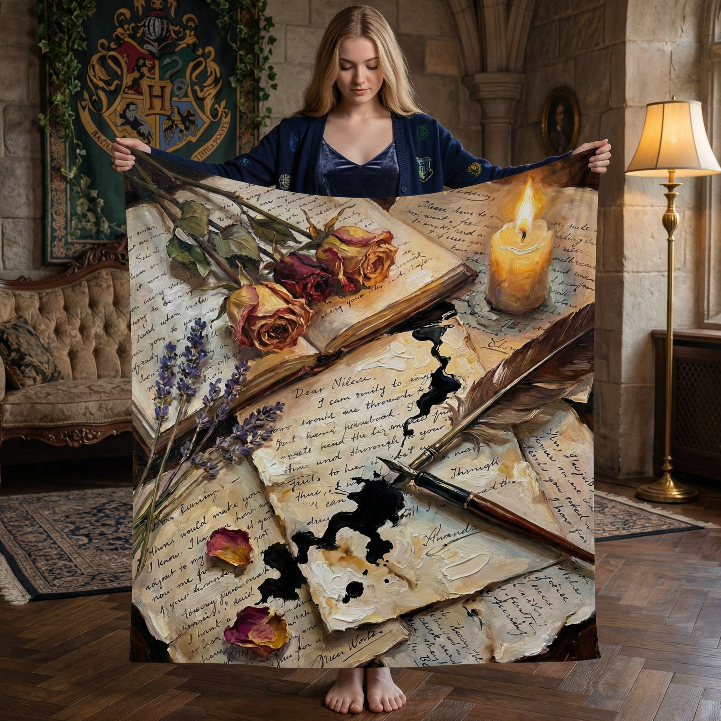 Dark Academia "Poet's Desk" Throw - Vintage Letters, Dried Roses & Ink Velveteen Blanket