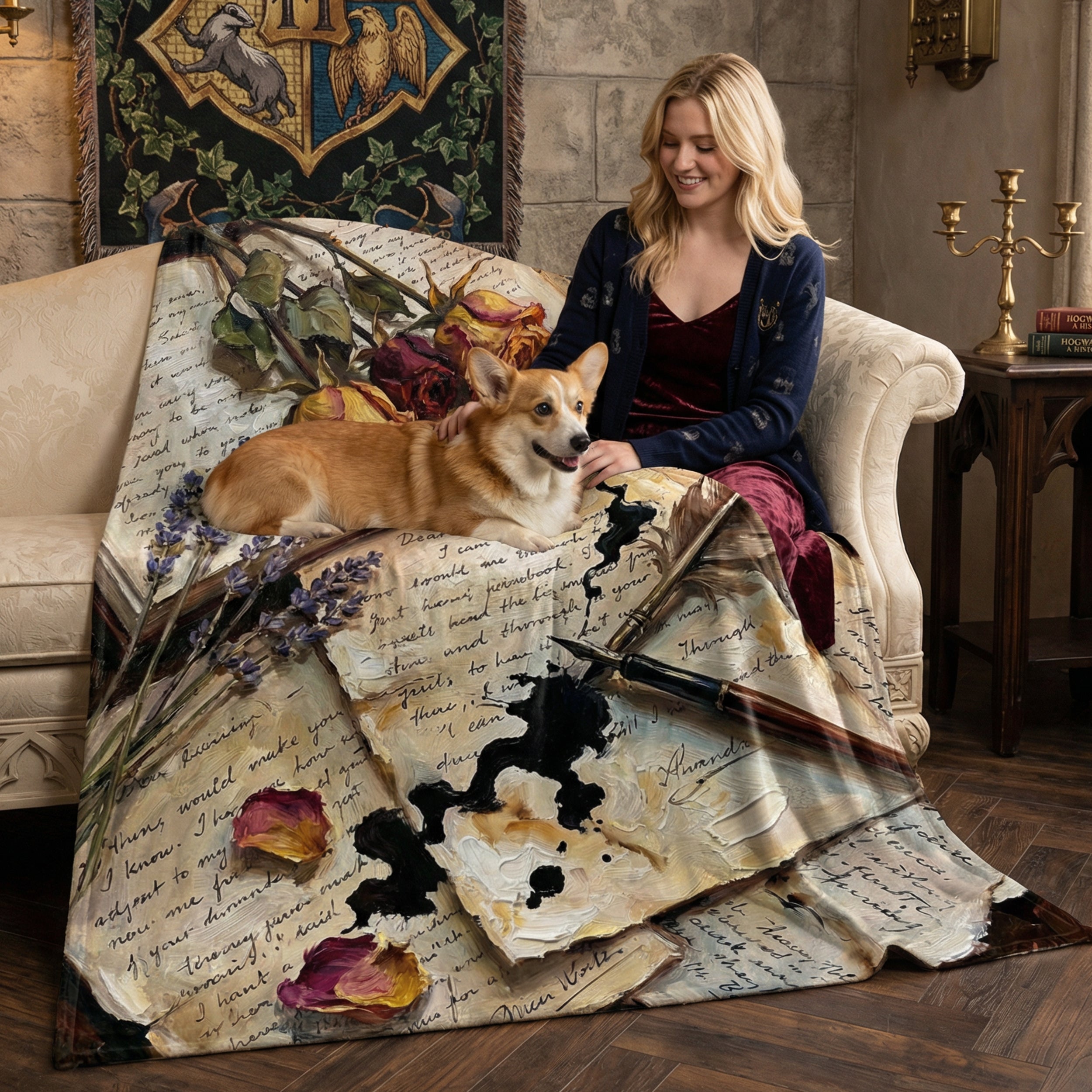 Dark Academia "Poet's Desk" Throw - Vintage Letters, Dried Roses & Ink Velveteen Blanket