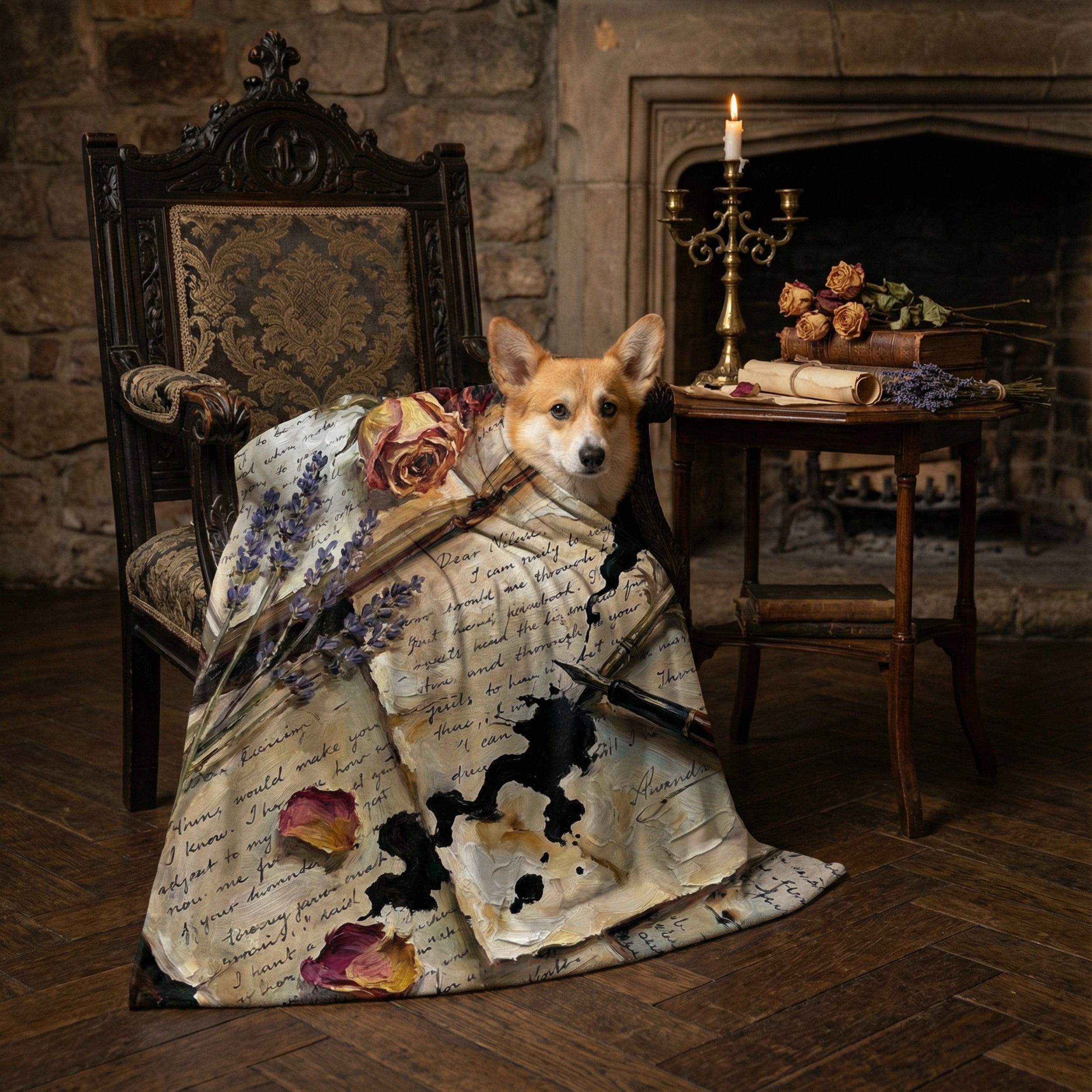 Dark Academia "Poet's Desk" Throw - Vintage Letters, Dried Roses & Ink Velveteen Blanket