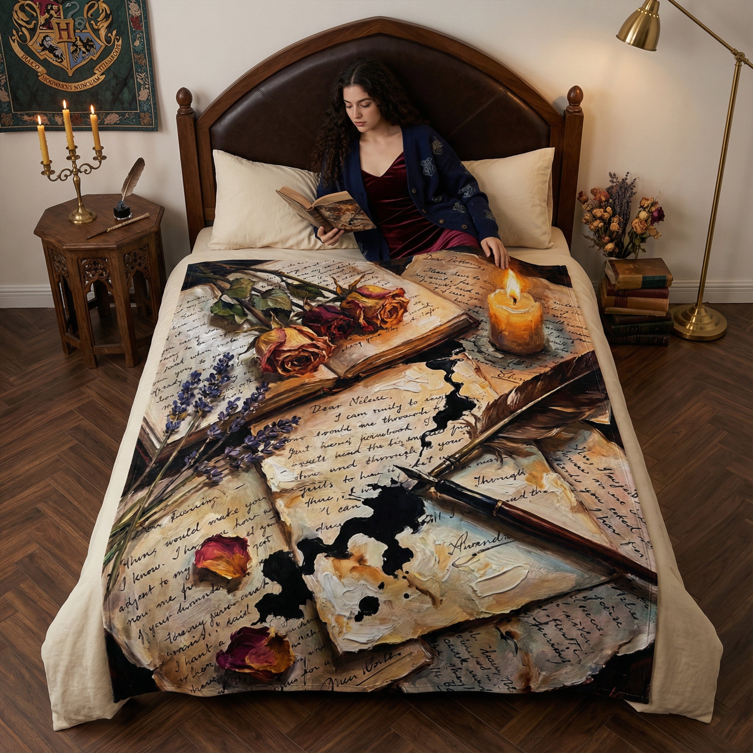 Dark Academia "Poet's Desk" Throw - Vintage Letters, Dried Roses & Ink Velveteen Blanket