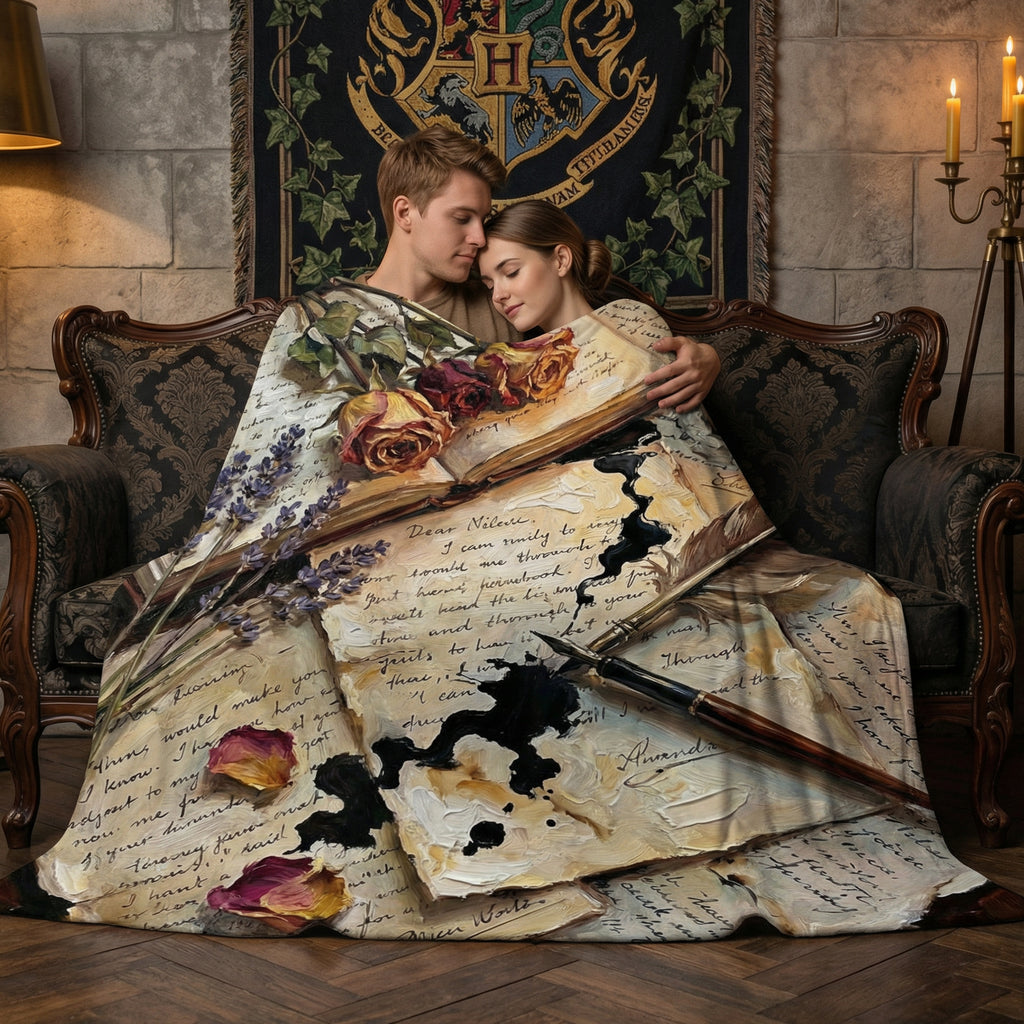 Dark Academia "Poet's Desk" Throw - Vintage Letters, Dried Roses & Ink Velveteen Blanket