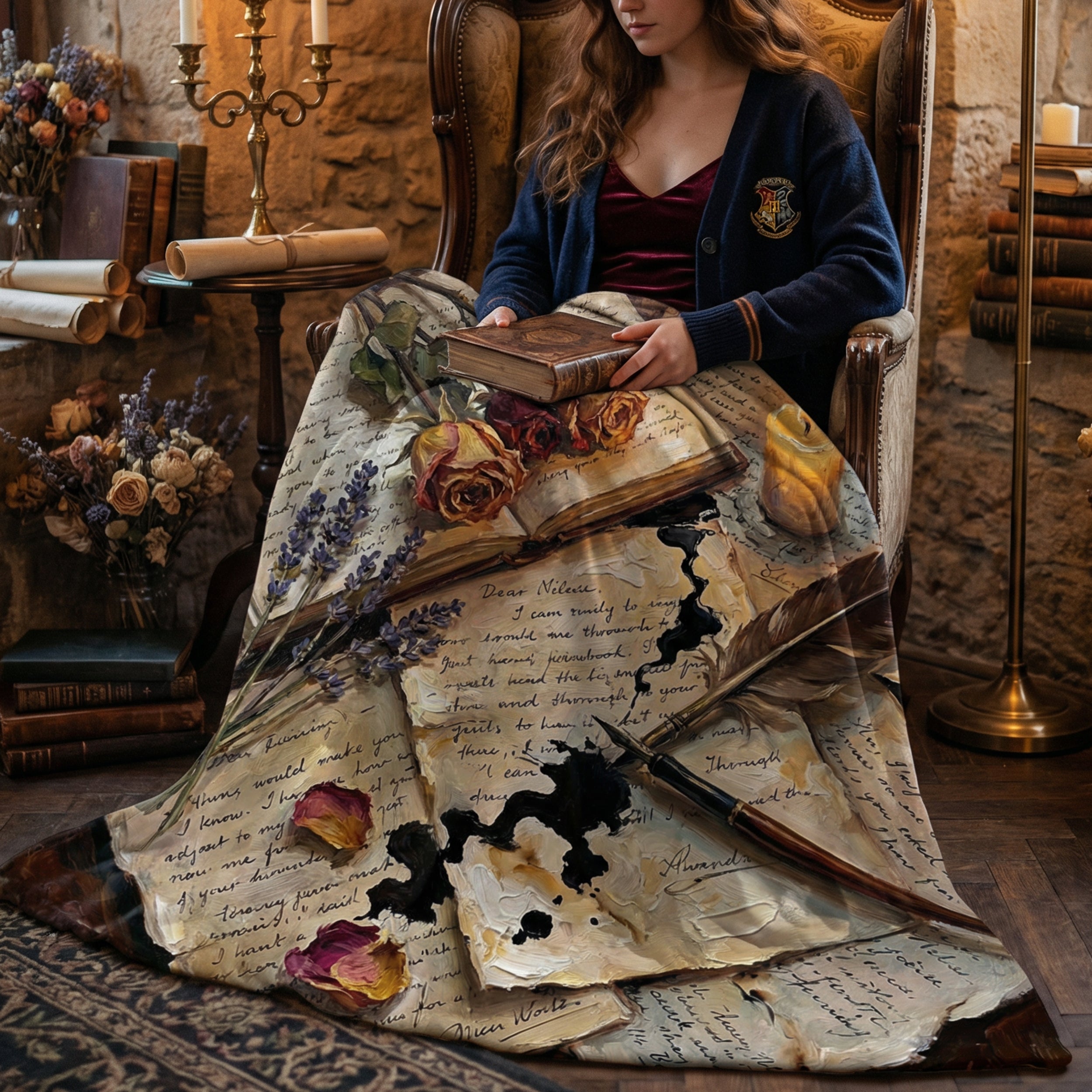 Dark Academia "Poet's Desk" Throw - Vintage Letters, Dried Roses & Ink Velveteen Blanket
