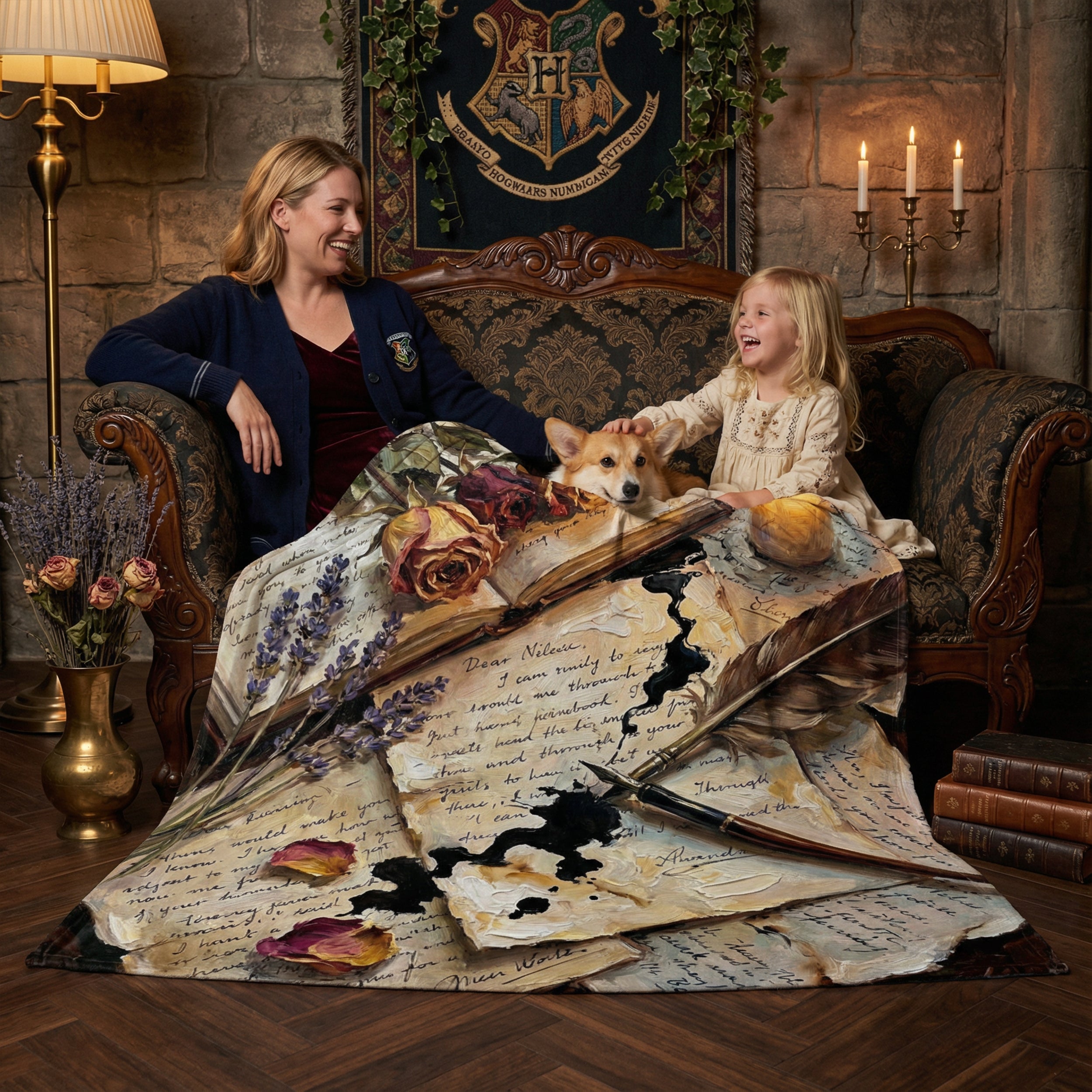 Dark Academia "Poet's Desk" Throw - Vintage Letters, Dried Roses & Ink Velveteen Blanket