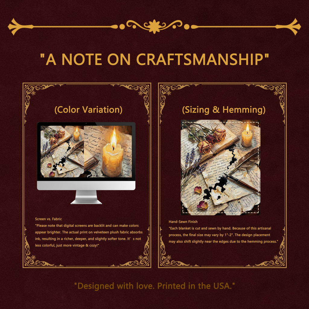 Dark Academia "Poet's Desk" Throw - Vintage Letters, Dried Roses & Ink Velveteen Blanket