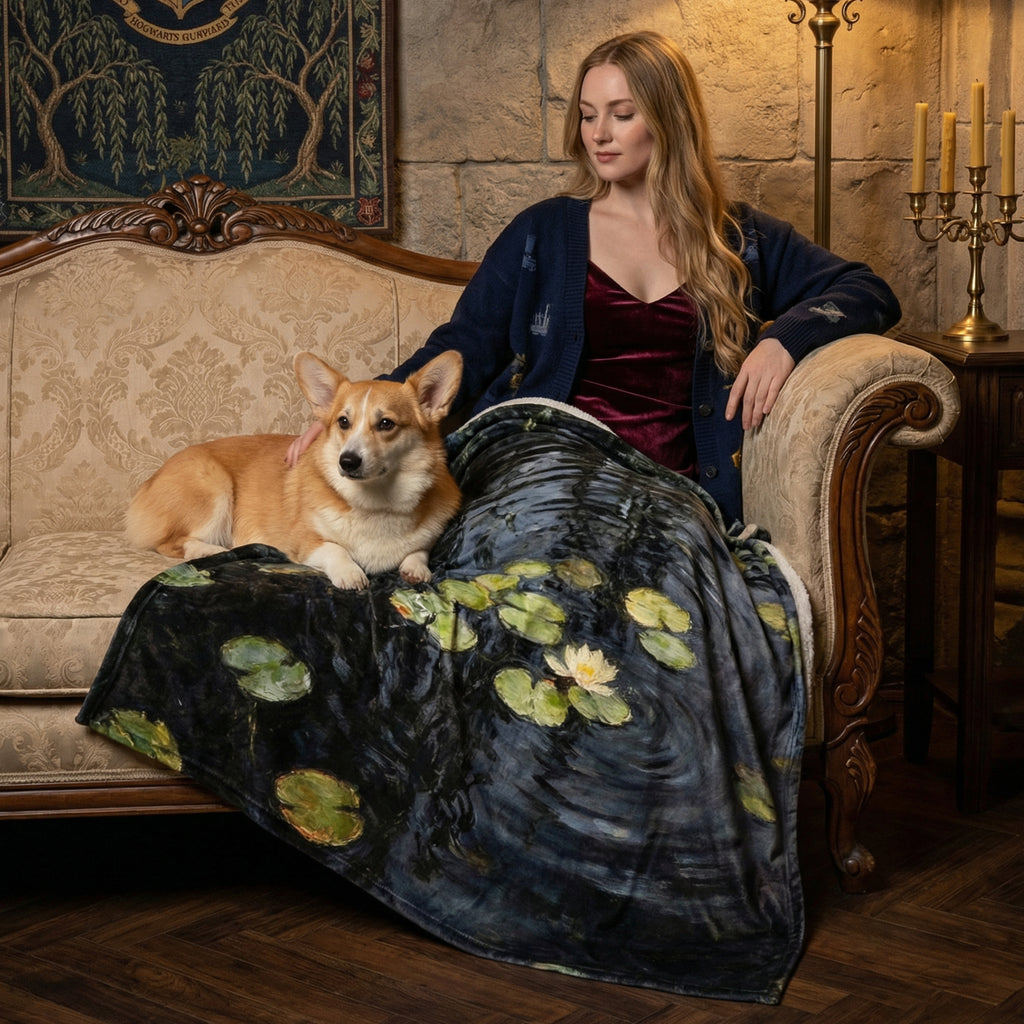 Dark Academia "Midnight Monet" Throw - Black Water Lilies & Weeping Willow Impressionist Blanket