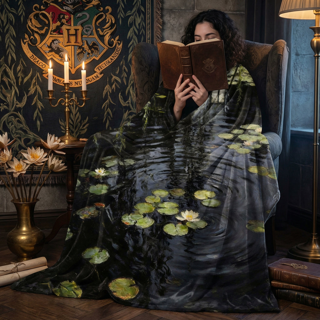 Dark Academia "Midnight Monet" Throw - Black Water Lilies & Weeping Willow Impressionist Blanket