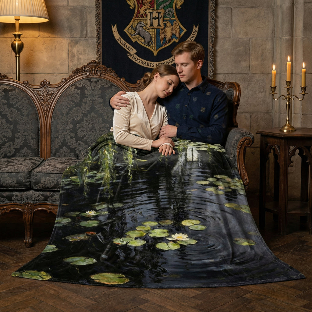 Dark Academia "Midnight Monet" Throw - Black Water Lilies & Weeping Willow Impressionist Blanket