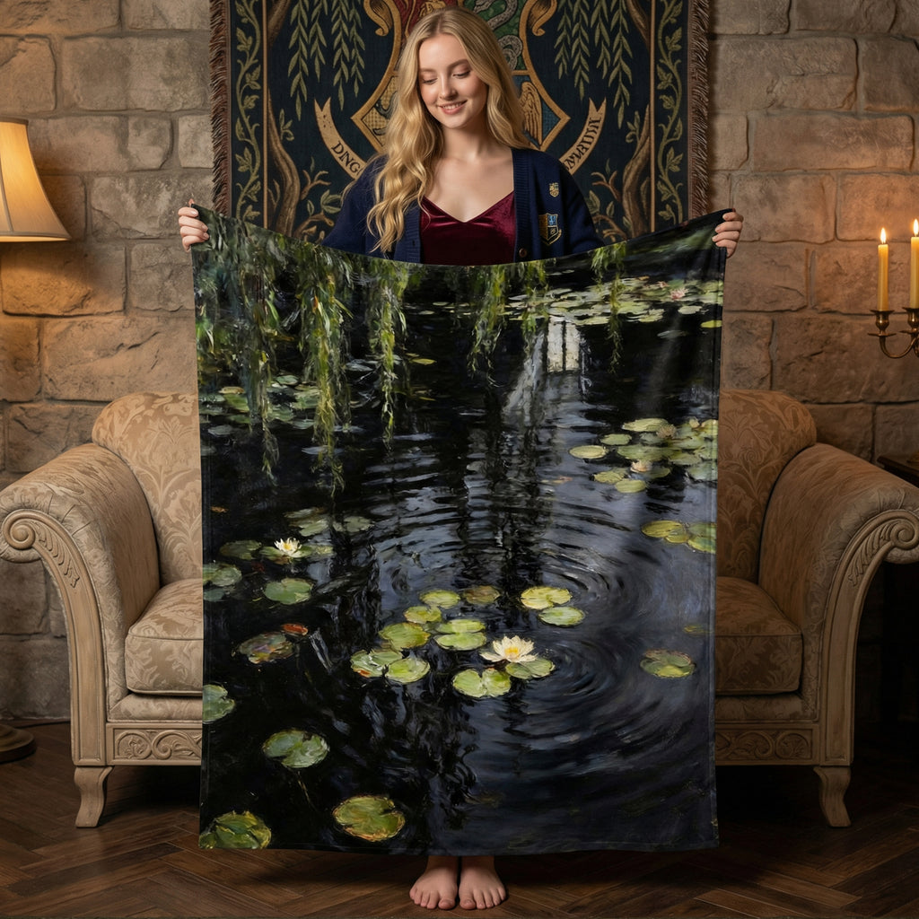 Dark Academia "Midnight Monet" Throw - Black Water Lilies & Weeping Willow Impressionist Blanket