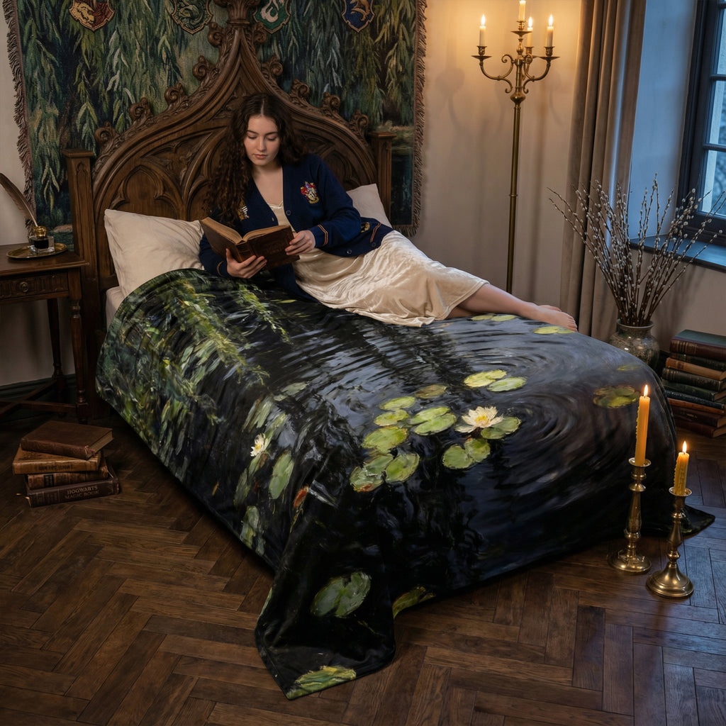 Dark Academia "Midnight Monet" Throw - Black Water Lilies & Weeping Willow Impressionist Blanket