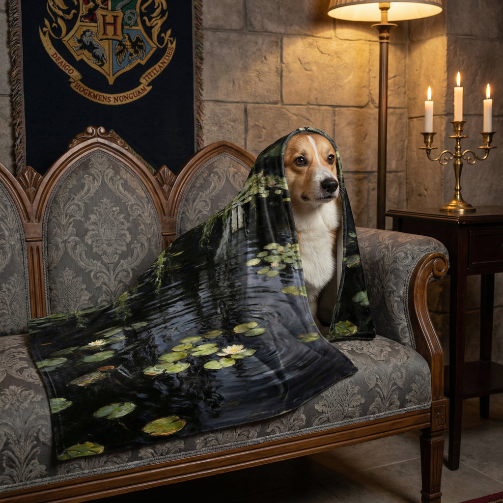 Dark Academia "Midnight Monet" Throw - Black Water Lilies & Weeping Willow Impressionist Blanket