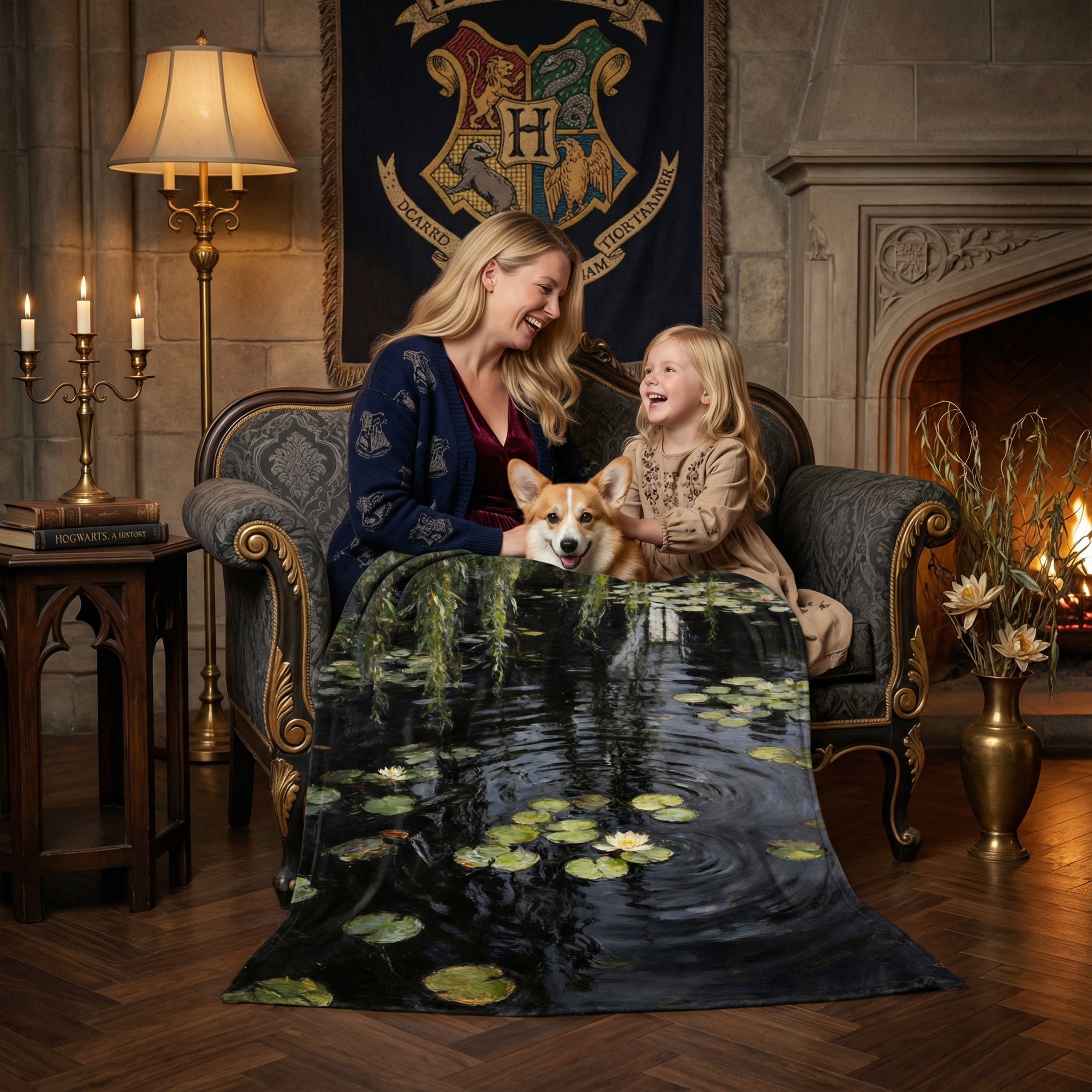 Dark Academia "Midnight Monet" Throw - Black Water Lilies & Weeping Willow Impressionist Blanket