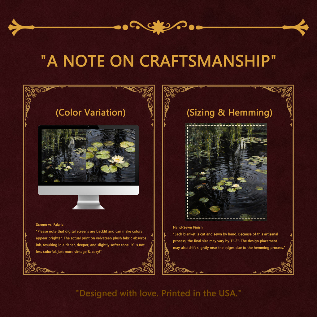 Dark Academia "Midnight Monet" Throw - Black Water Lilies & Weeping Willow Impressionist Blanket