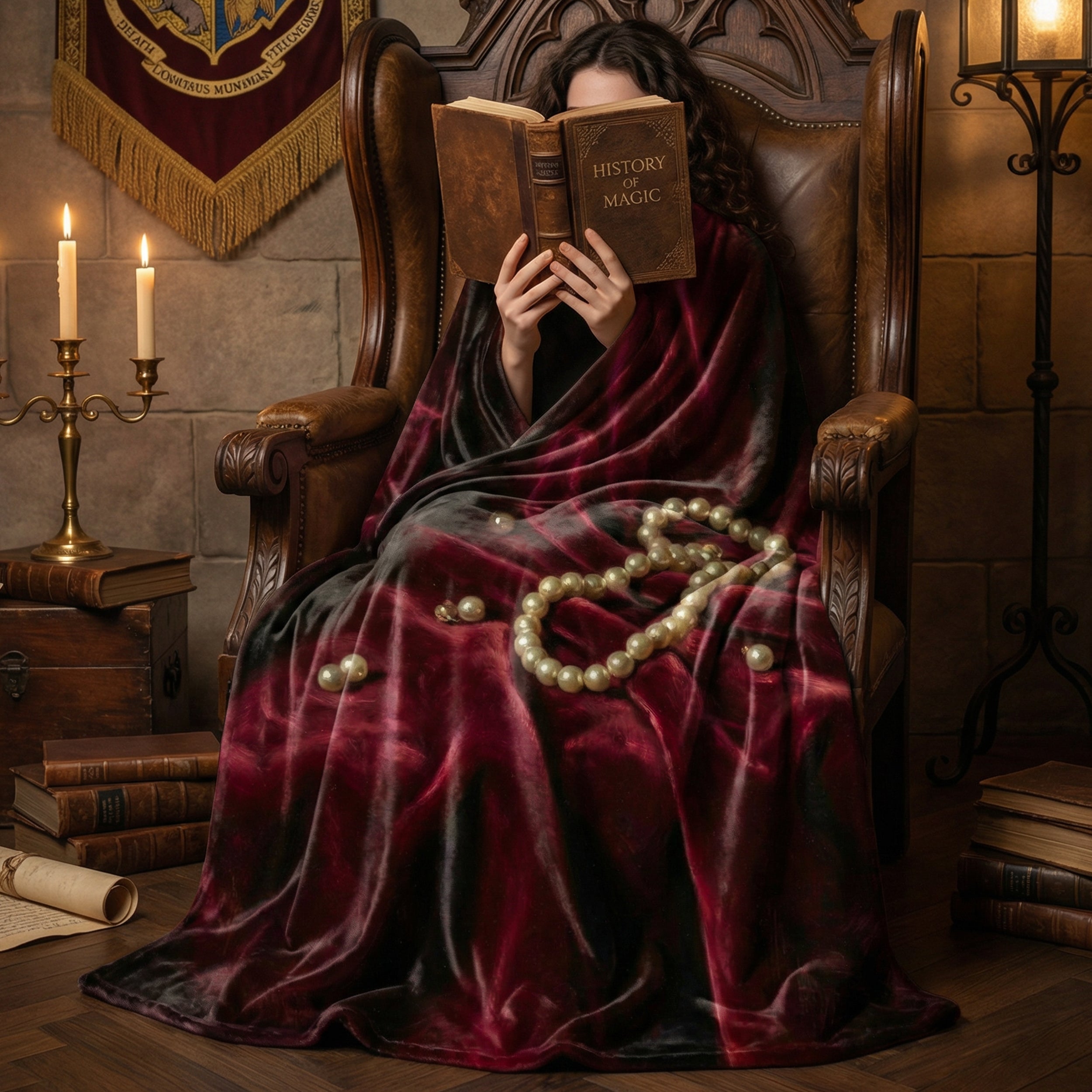 Dark Romance "The Duchess" Throw - Deep Burgundy Velvet & Pearls Oil Painting Aesthetic