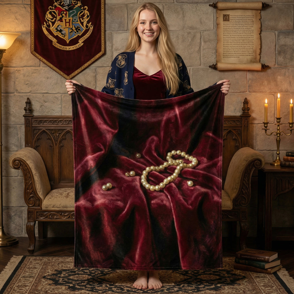Dark Romance "The Duchess" Throw - Deep Burgundy Velvet & Pearls Oil Painting Aesthetic
