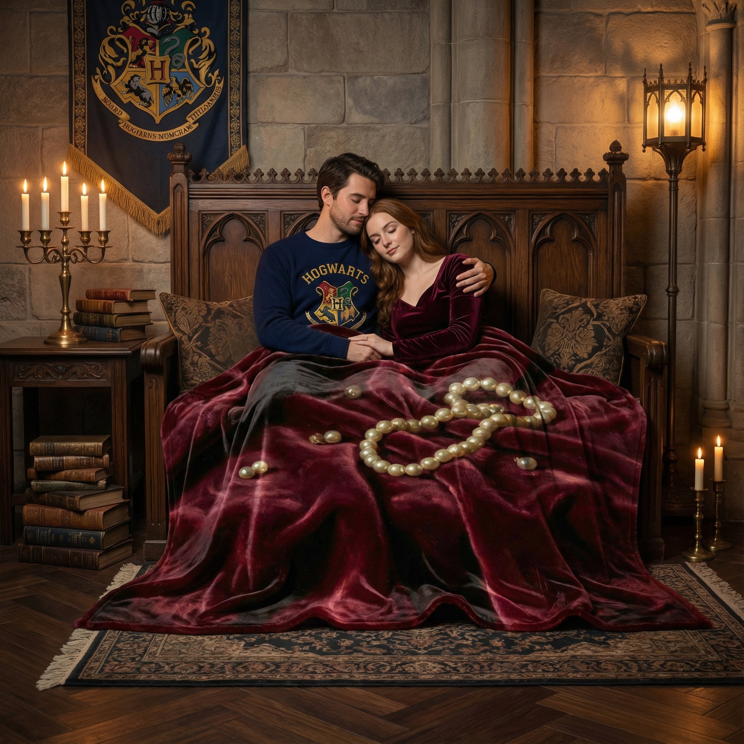 Dark Romance "The Duchess" Throw - Deep Burgundy Velvet & Pearls Oil Painting Aesthetic