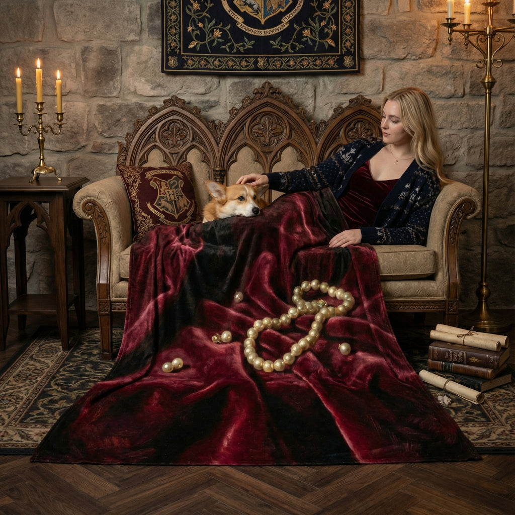 Dark Romance "The Duchess" Throw - Deep Burgundy Velvet & Pearls Oil Painting Aesthetic