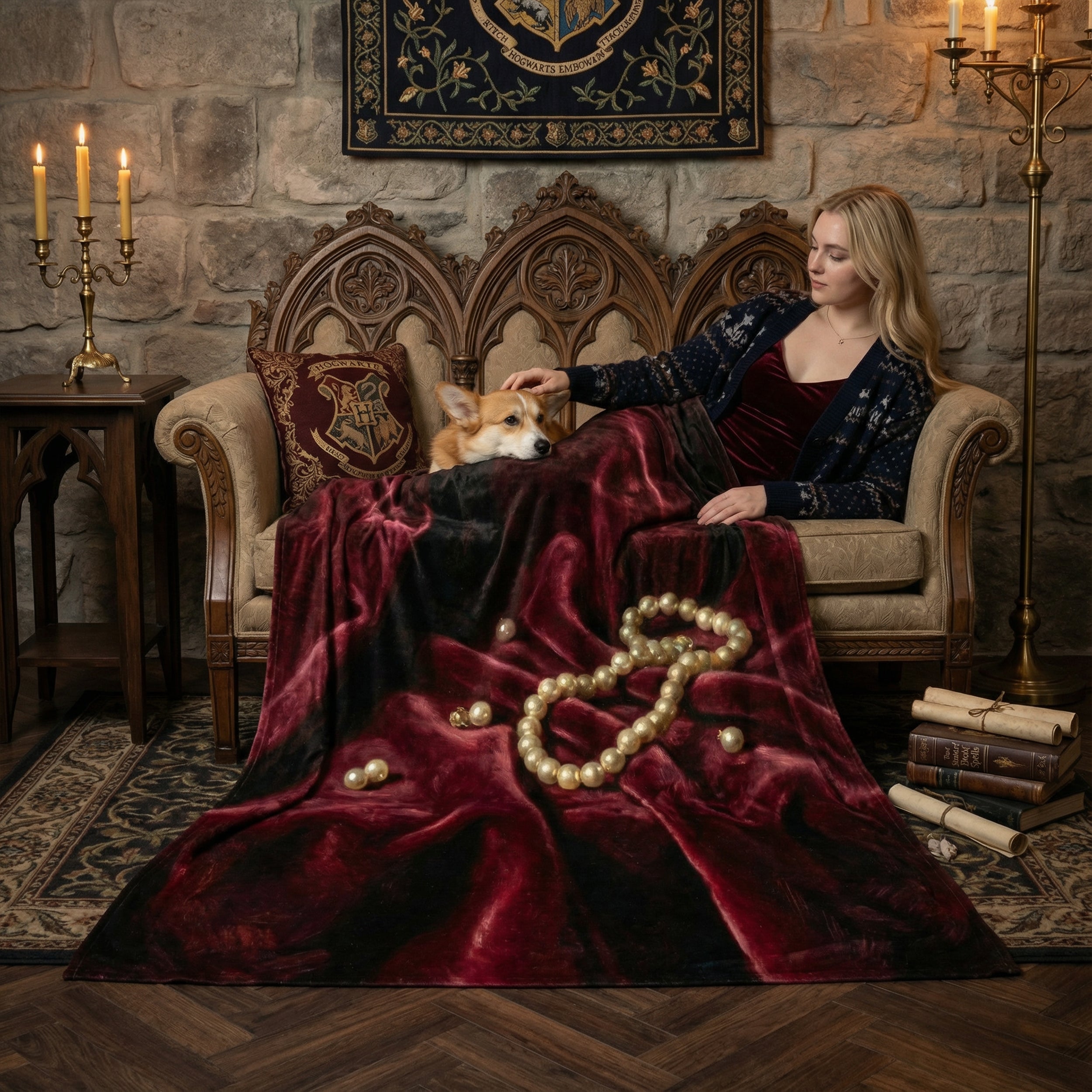 Dark Romance "The Duchess" Throw - Deep Burgundy Velvet & Pearls Oil Painting Aesthetic