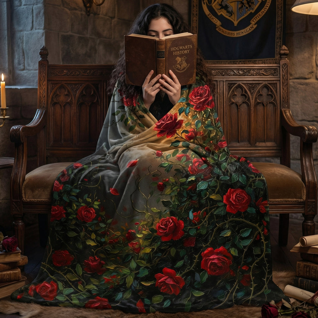 Dark Romance "Midnight Briar" Throw - Red Roses, Thorns & Oil Painting Floral Velveteen Blanket