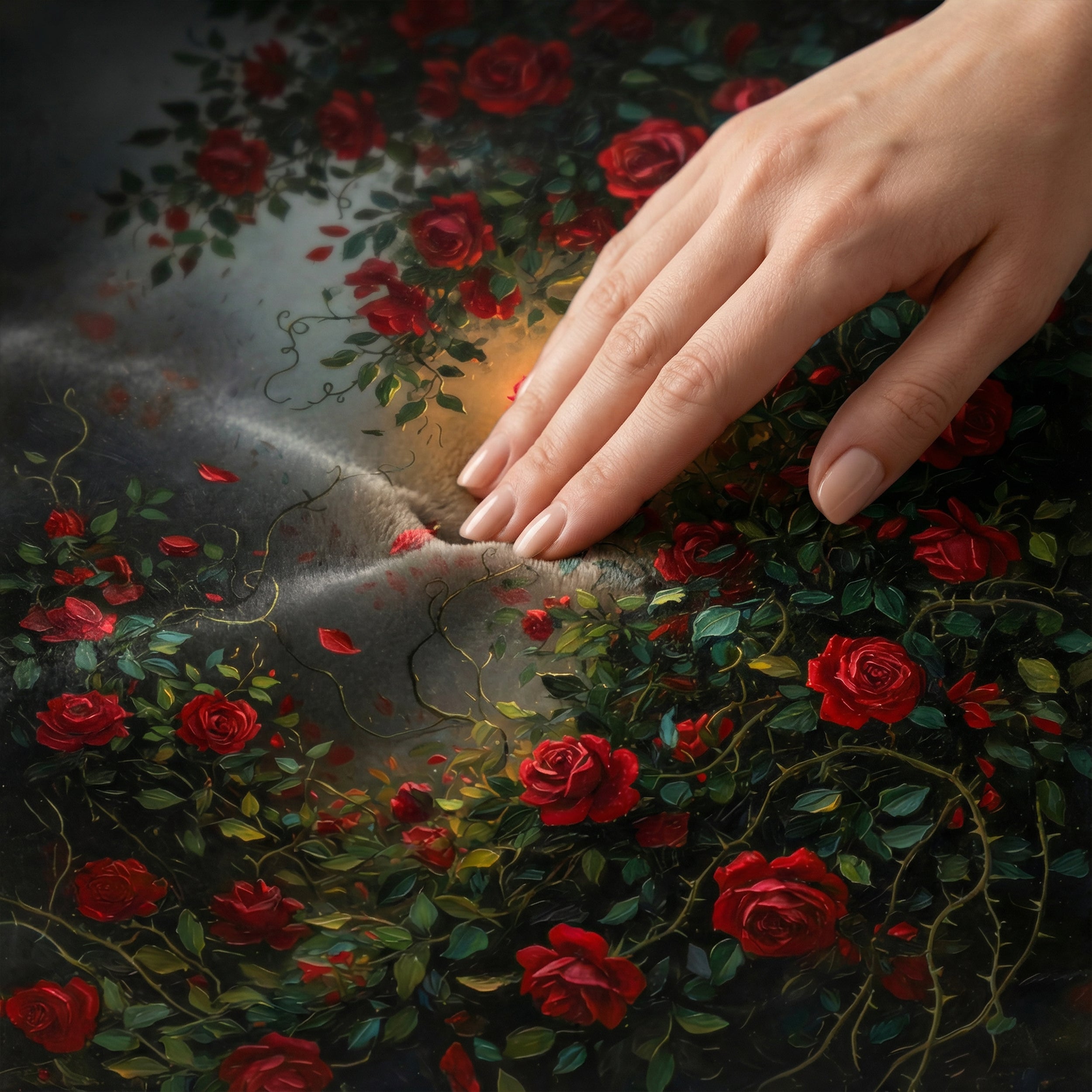 Dark Romance "Midnight Briar" Throw - Red Roses, Thorns & Oil Painting Floral Velveteen Blanket