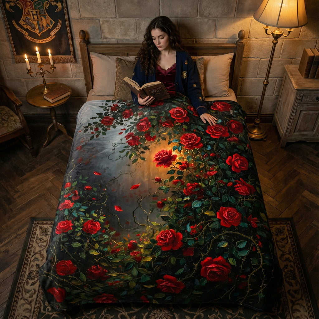 Dark Romance "Midnight Briar" Throw - Red Roses, Thorns & Oil Painting Floral Velveteen Blanket