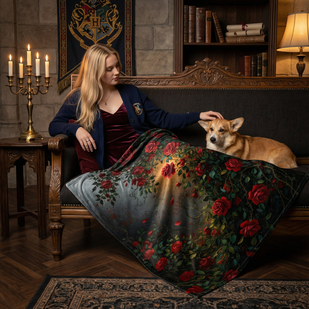 Dark Romance "Midnight Briar" Throw - Red Roses, Thorns & Oil Painting Floral Velveteen Blanket