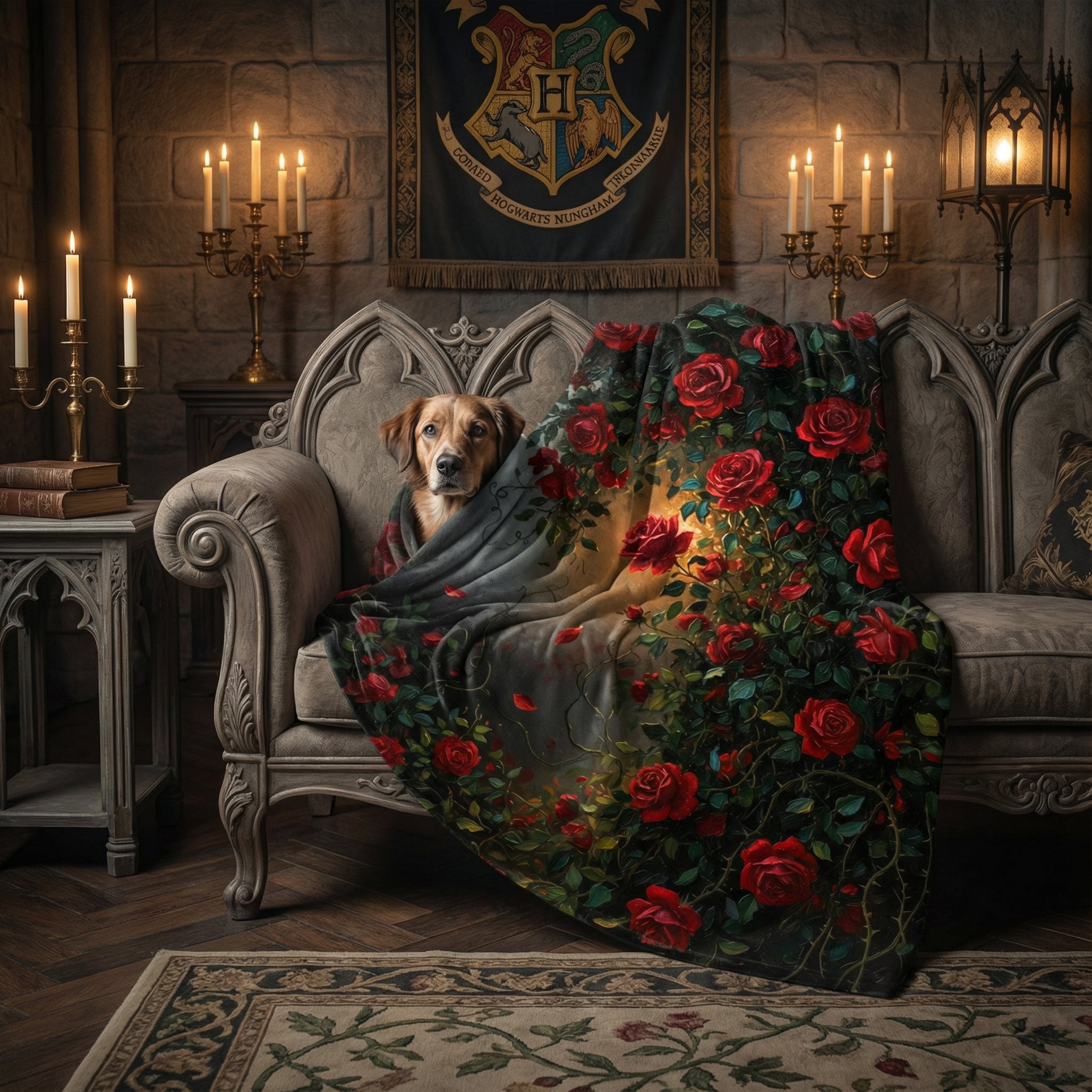 Dark Romance "Midnight Briar" Throw - Red Roses, Thorns & Oil Painting Floral Velveteen Blanket