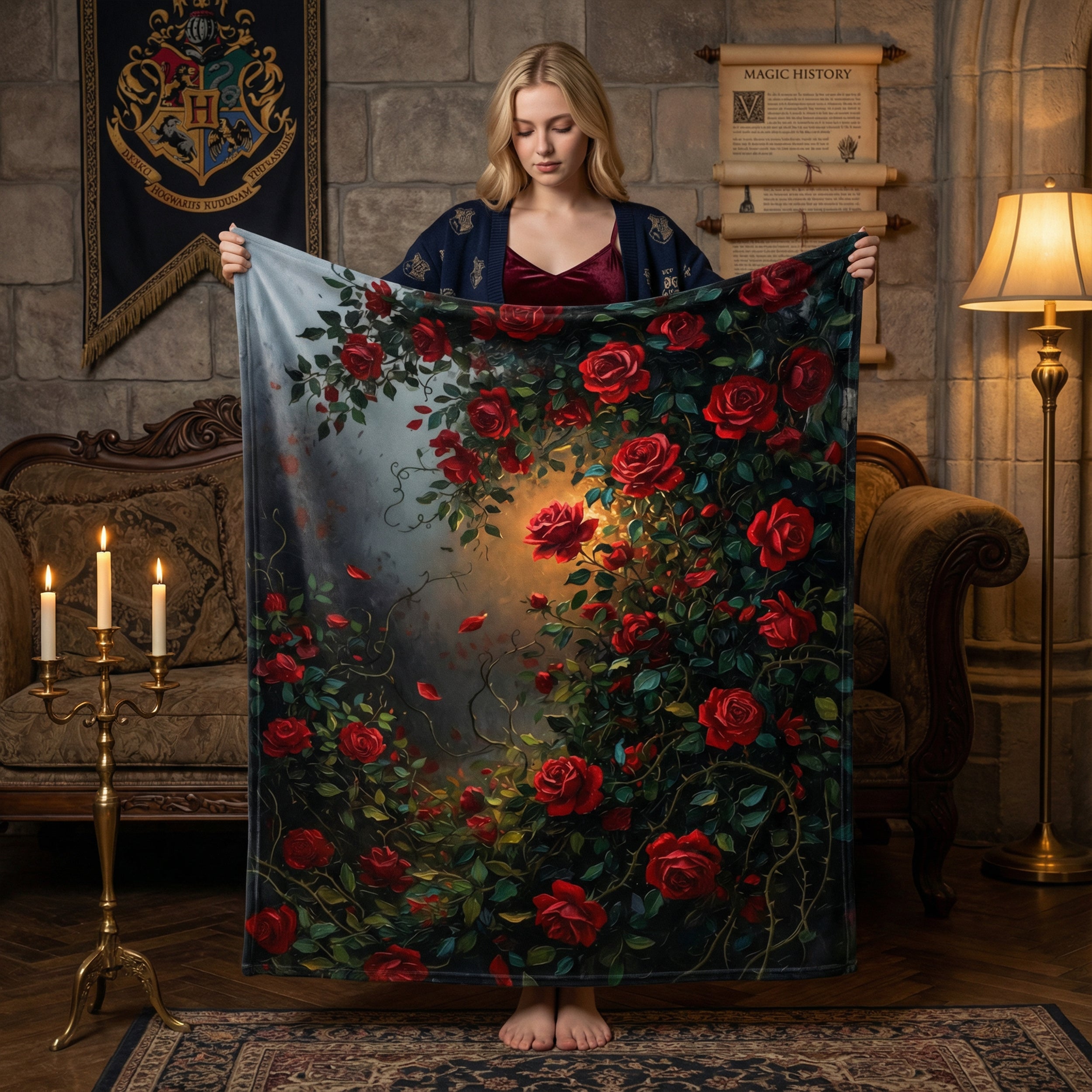 Dark Romance "Midnight Briar" Throw - Red Roses, Thorns & Oil Painting Floral Velveteen Blanket