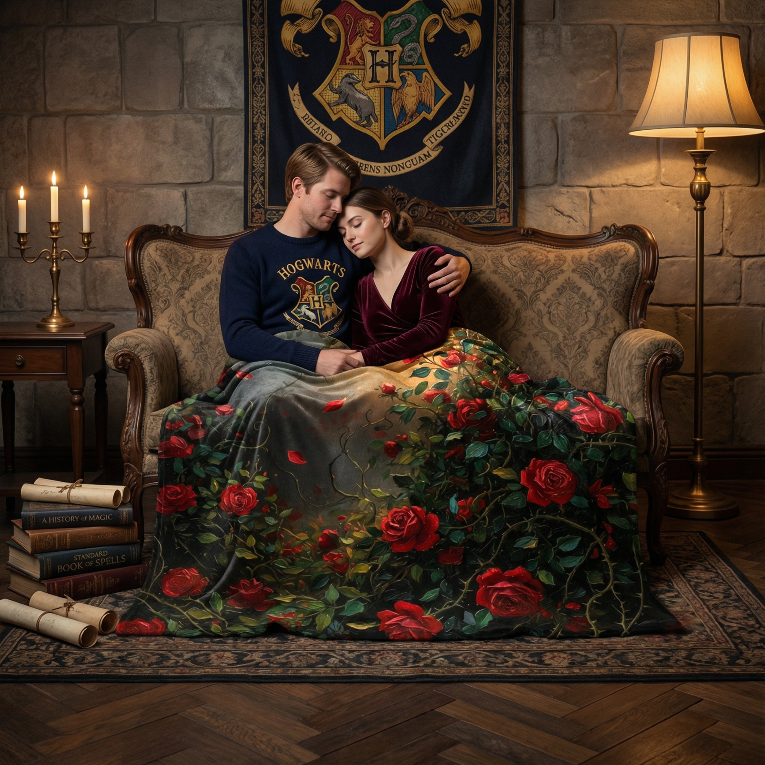 Dark Romance "Midnight Briar" Throw - Red Roses, Thorns & Oil Painting Floral Velveteen Blanket