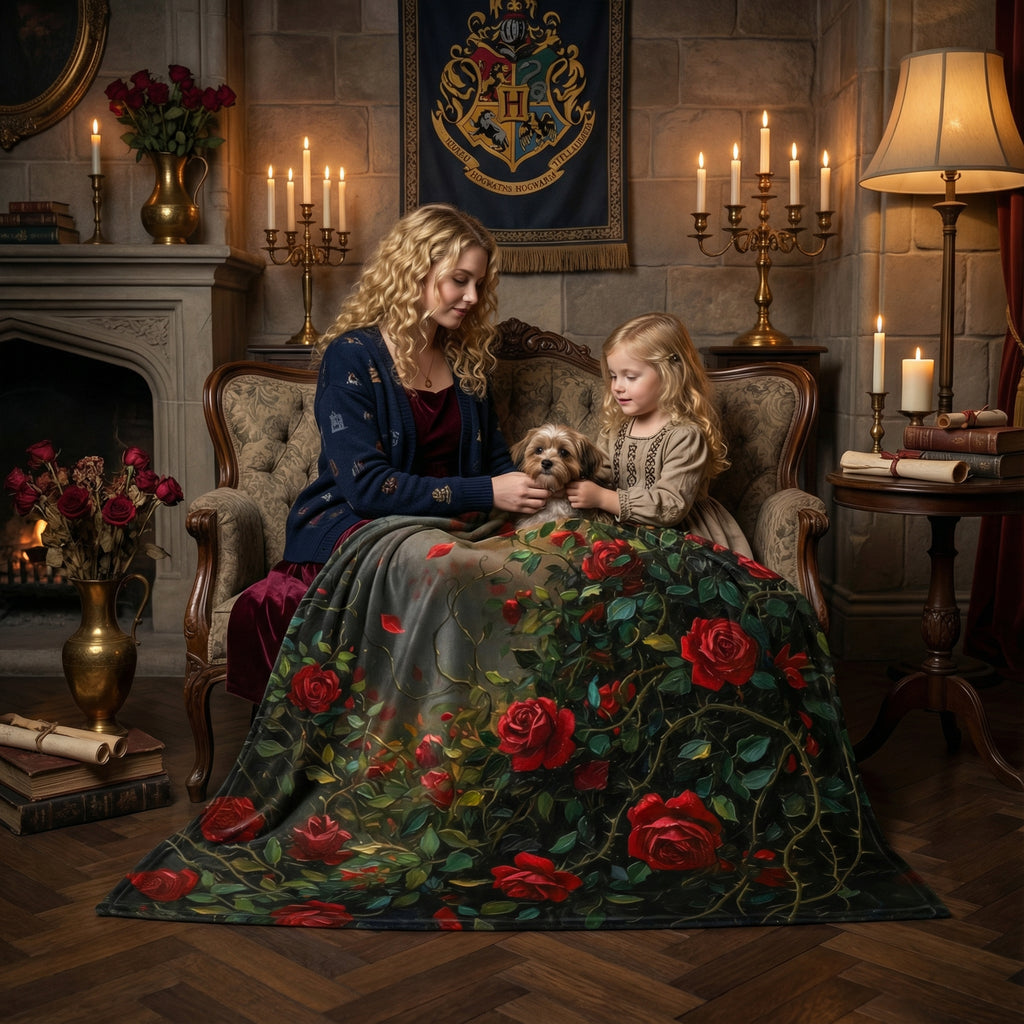 Dark Romance "Midnight Briar" Throw - Red Roses, Thorns & Oil Painting Floral Velveteen Blanket