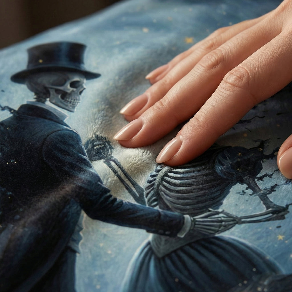 Dark Romance "The Eternal Waltz" Throw - Celestial Dancing Skeletons & Starry Night Velveteen Blanket