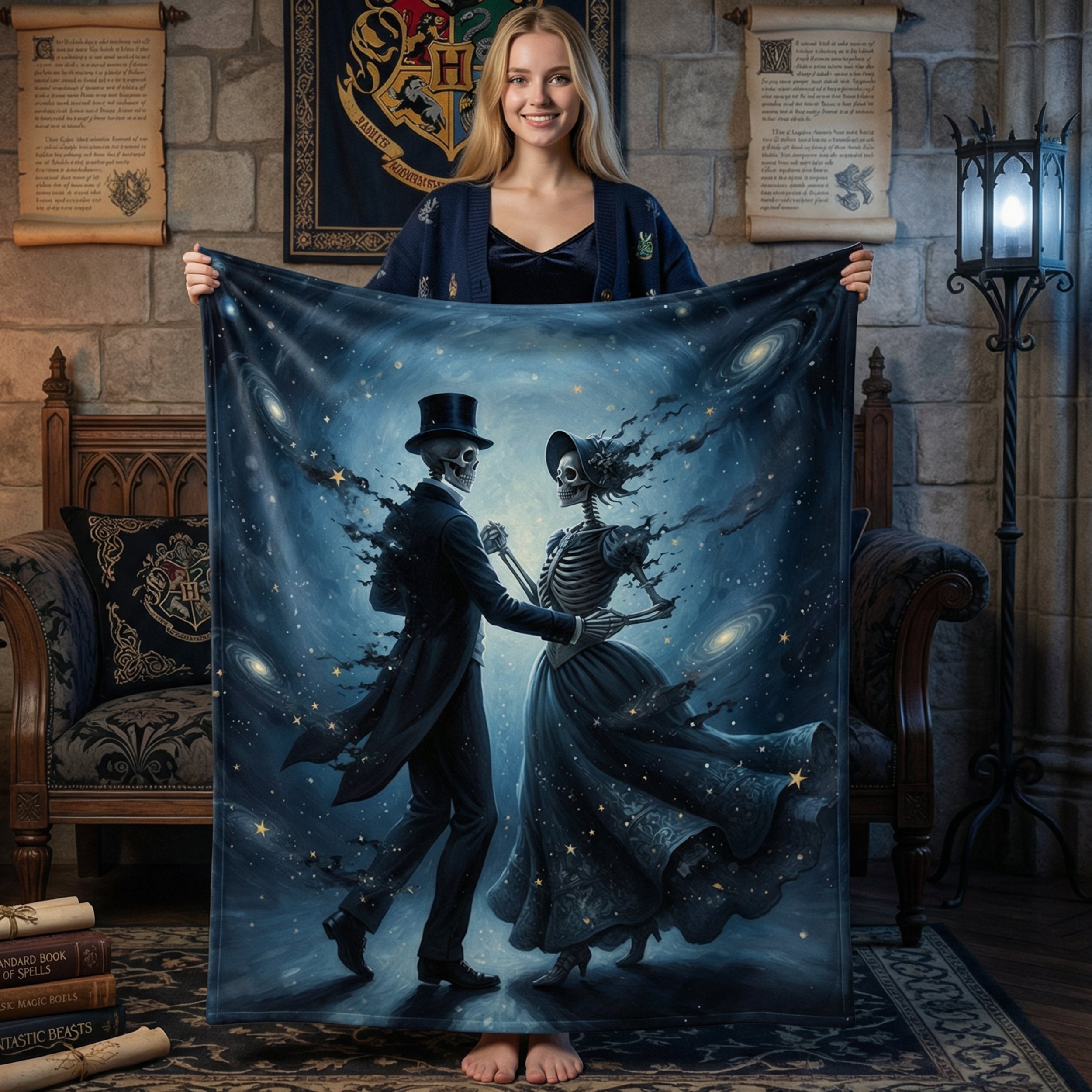 Dark Romance "The Eternal Waltz" Throw - Celestial Dancing Skeletons & Starry Night Velveteen Blanket