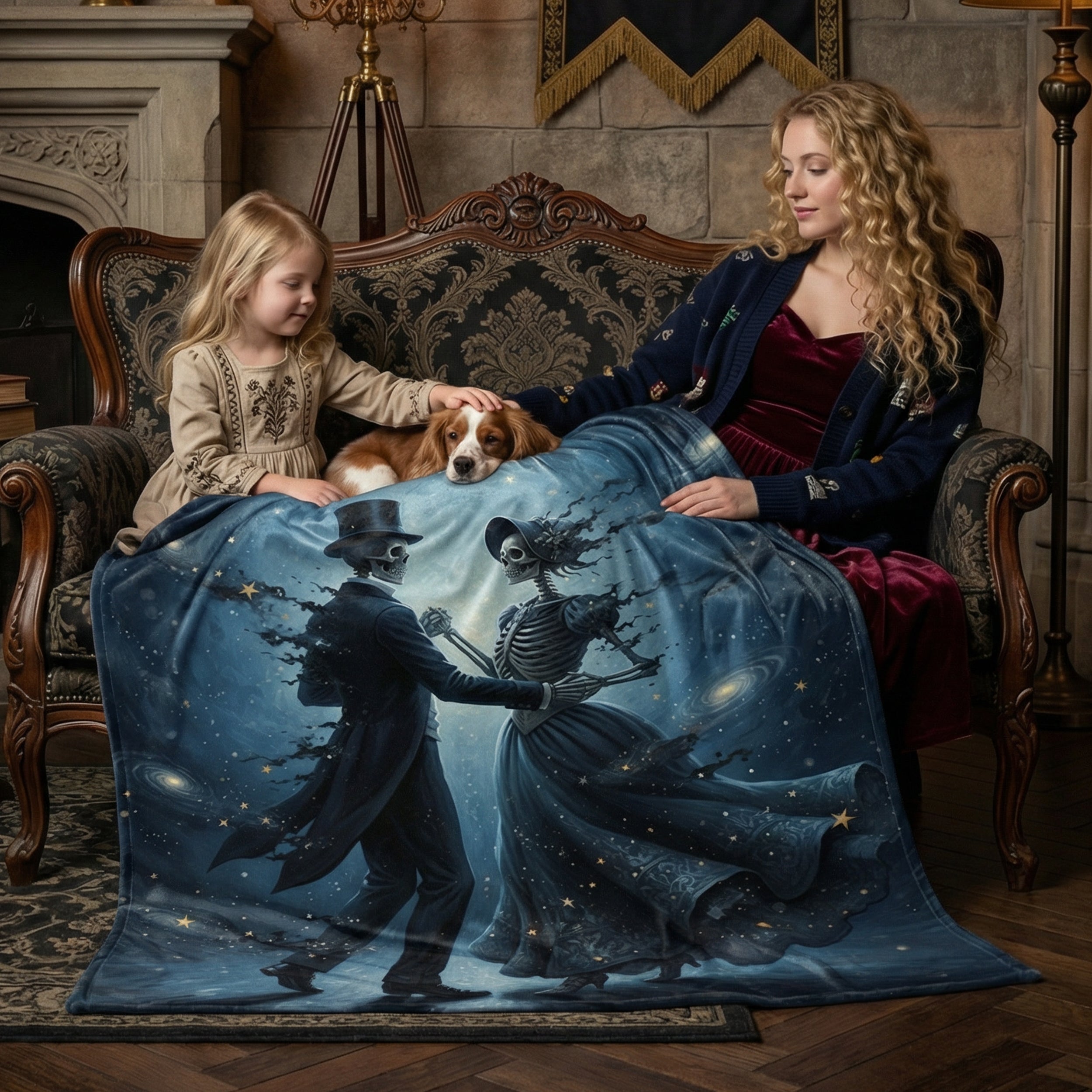 Dark Romance "The Eternal Waltz" Throw - Celestial Dancing Skeletons & Starry Night Velveteen Blanket