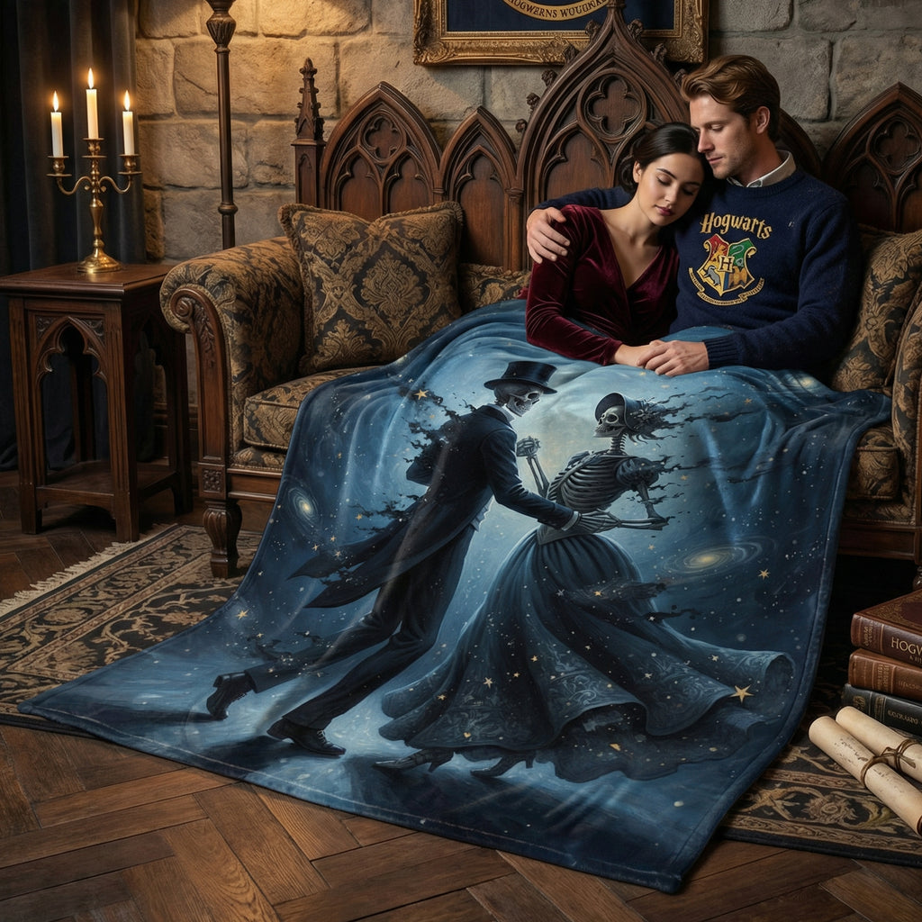 Dark Romance "The Eternal Waltz" Throw - Celestial Dancing Skeletons & Starry Night Velveteen Blanket