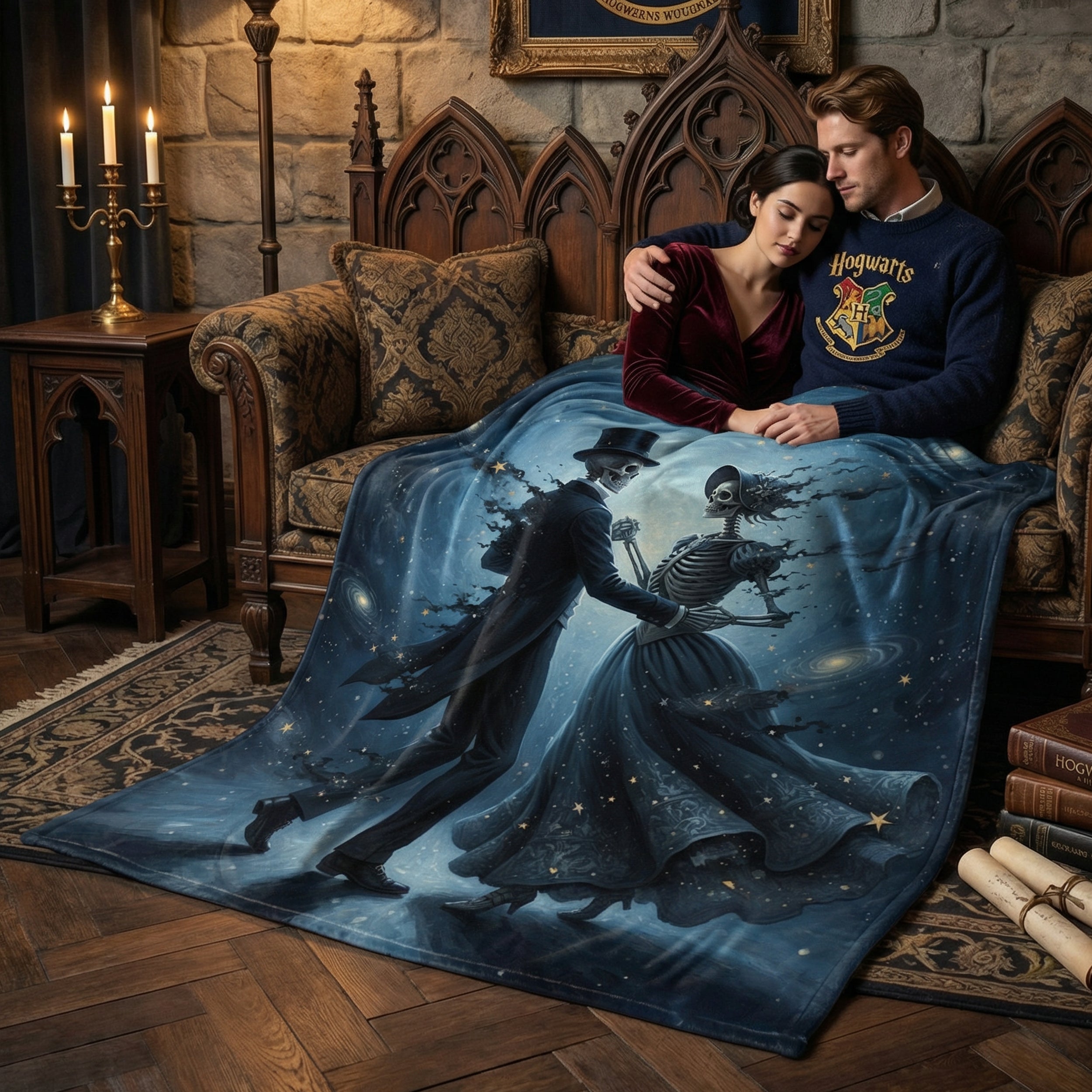 Dark Romance "The Eternal Waltz" Throw - Celestial Dancing Skeletons & Starry Night Velveteen Blanket