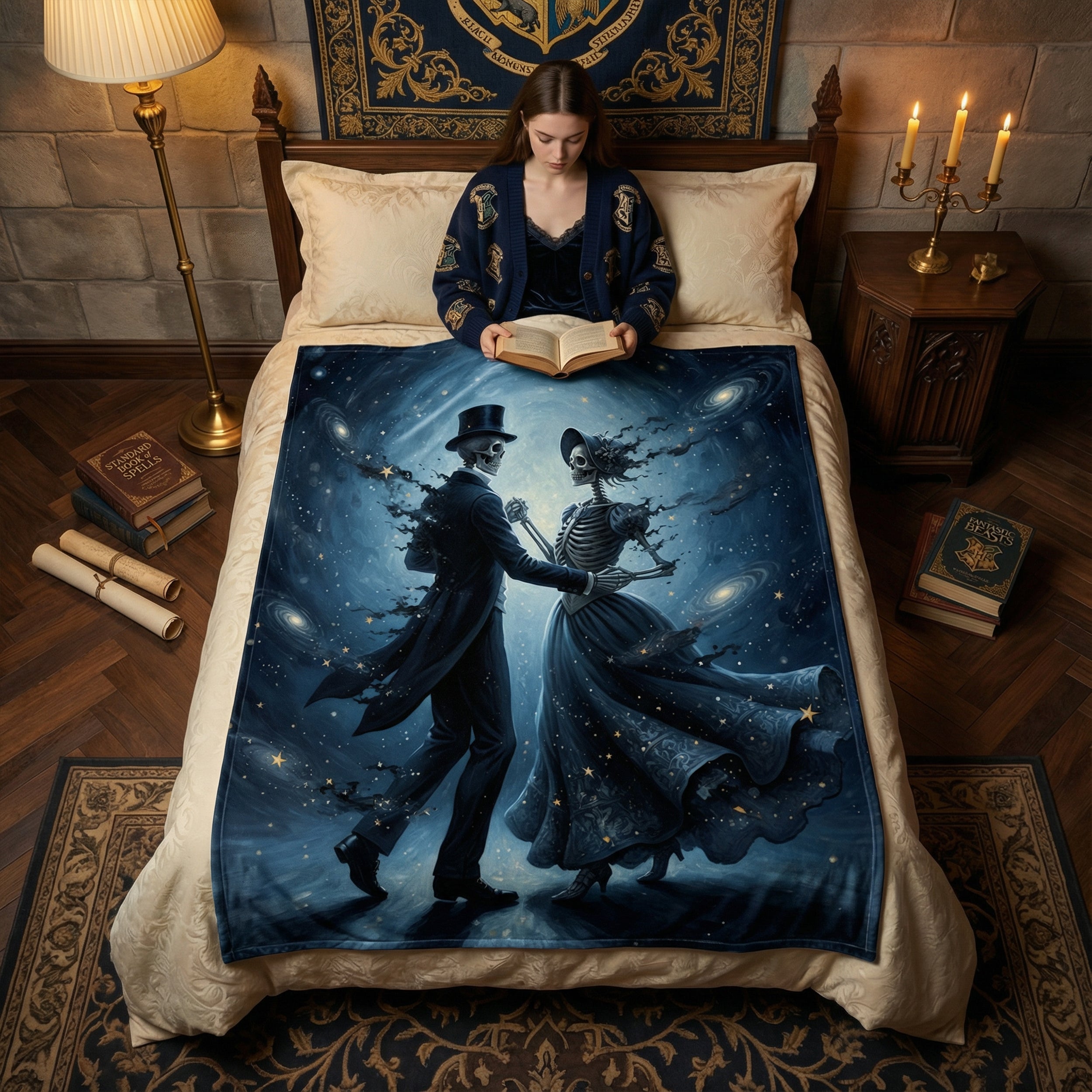Dark Romance "The Eternal Waltz" Throw - Celestial Dancing Skeletons & Starry Night Velveteen Blanket