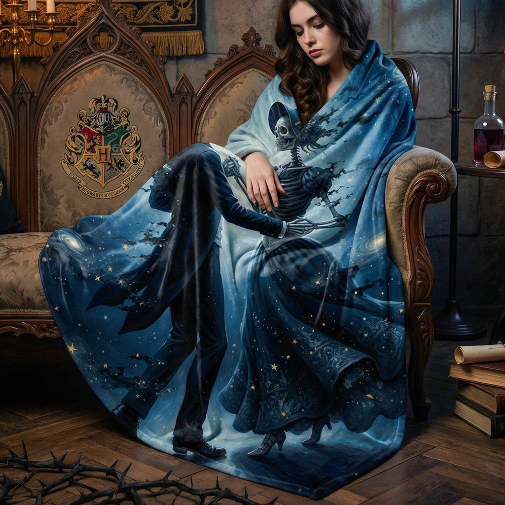 Dark Romance "The Eternal Waltz" Throw - Celestial Dancing Skeletons & Starry Night Velveteen Blanket