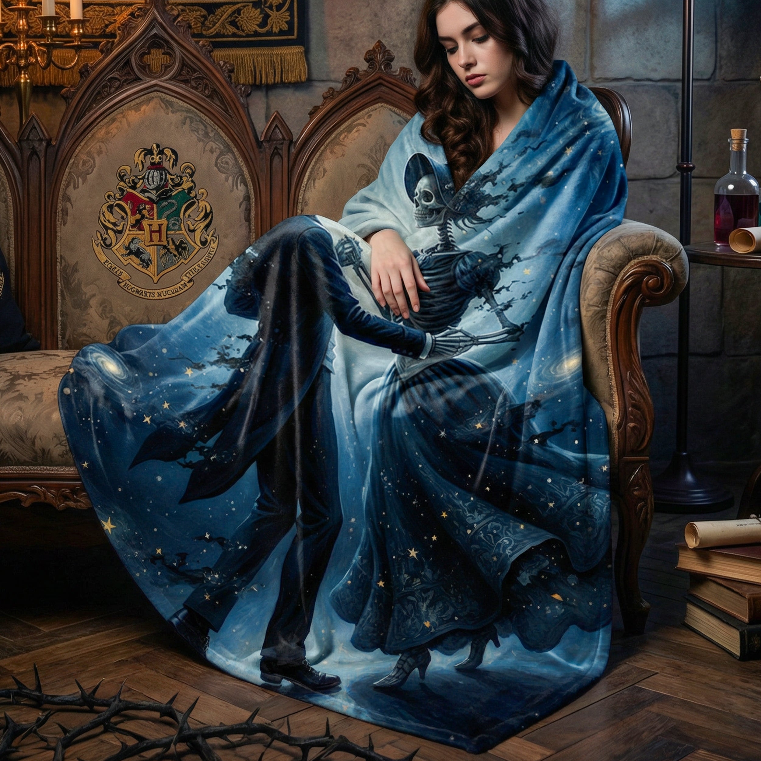 Dark Romance "The Eternal Waltz" Throw - Celestial Dancing Skeletons & Starry Night Velveteen Blanket