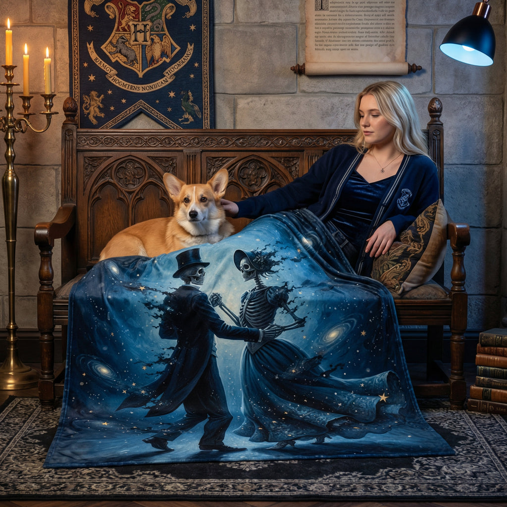 Dark Romance "The Eternal Waltz" Throw - Celestial Dancing Skeletons & Starry Night Velveteen Blanket
