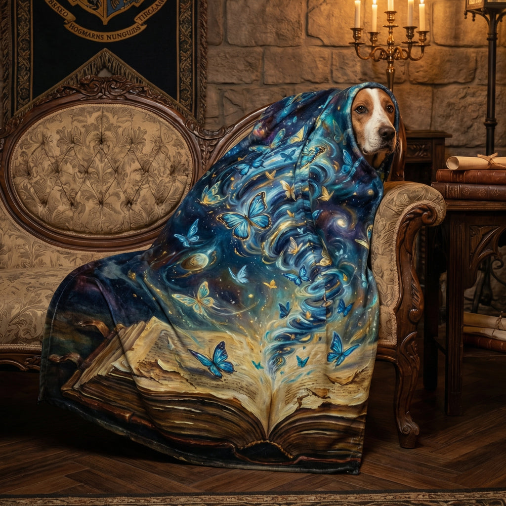 Dark Academia "Storyteller's Spell" Throw - Celestial Butterflies, Galaxy & Magic Book Velveteen Blanket