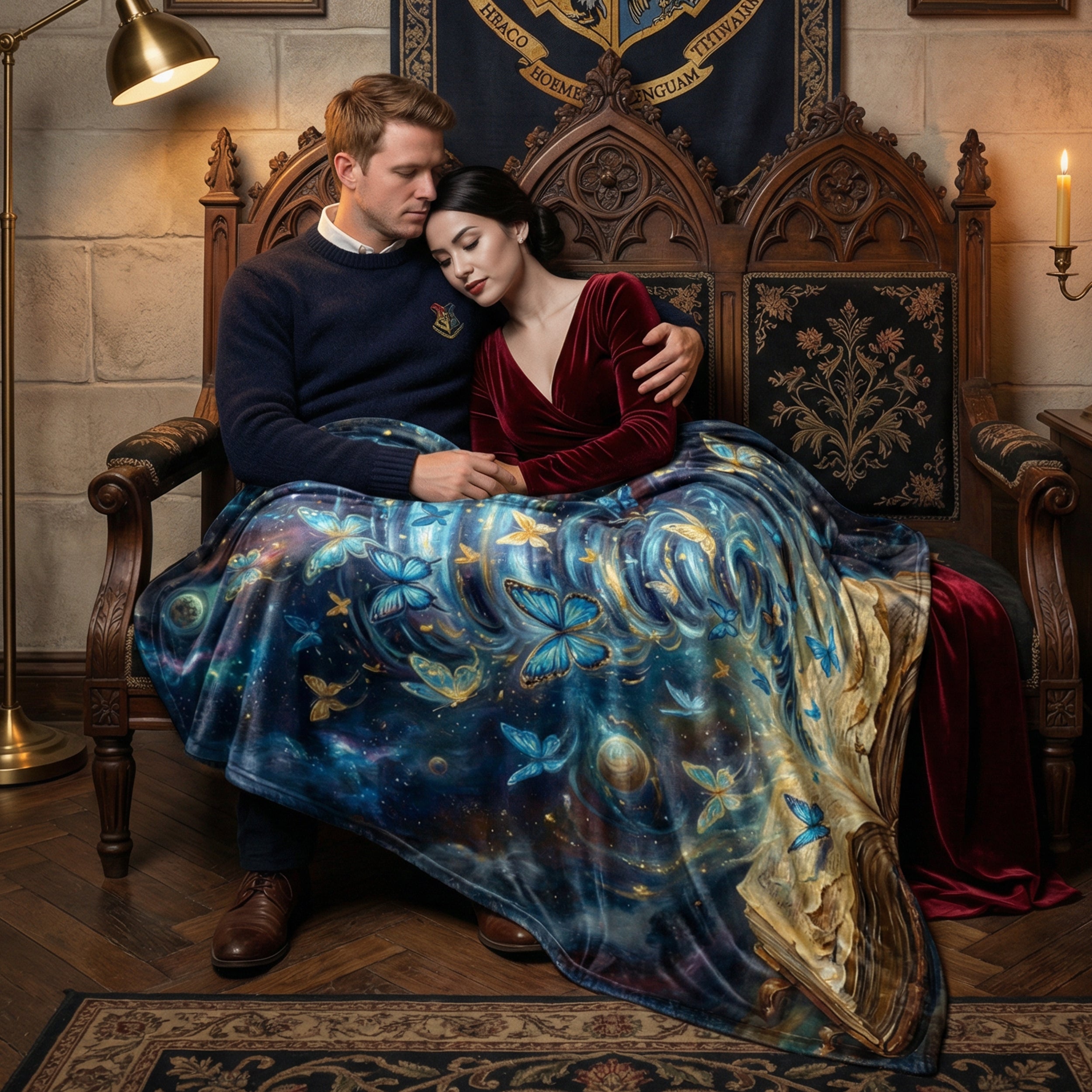 Dark Academia "Storyteller's Spell" Throw - Celestial Butterflies, Galaxy & Magic Book Velveteen Blanket